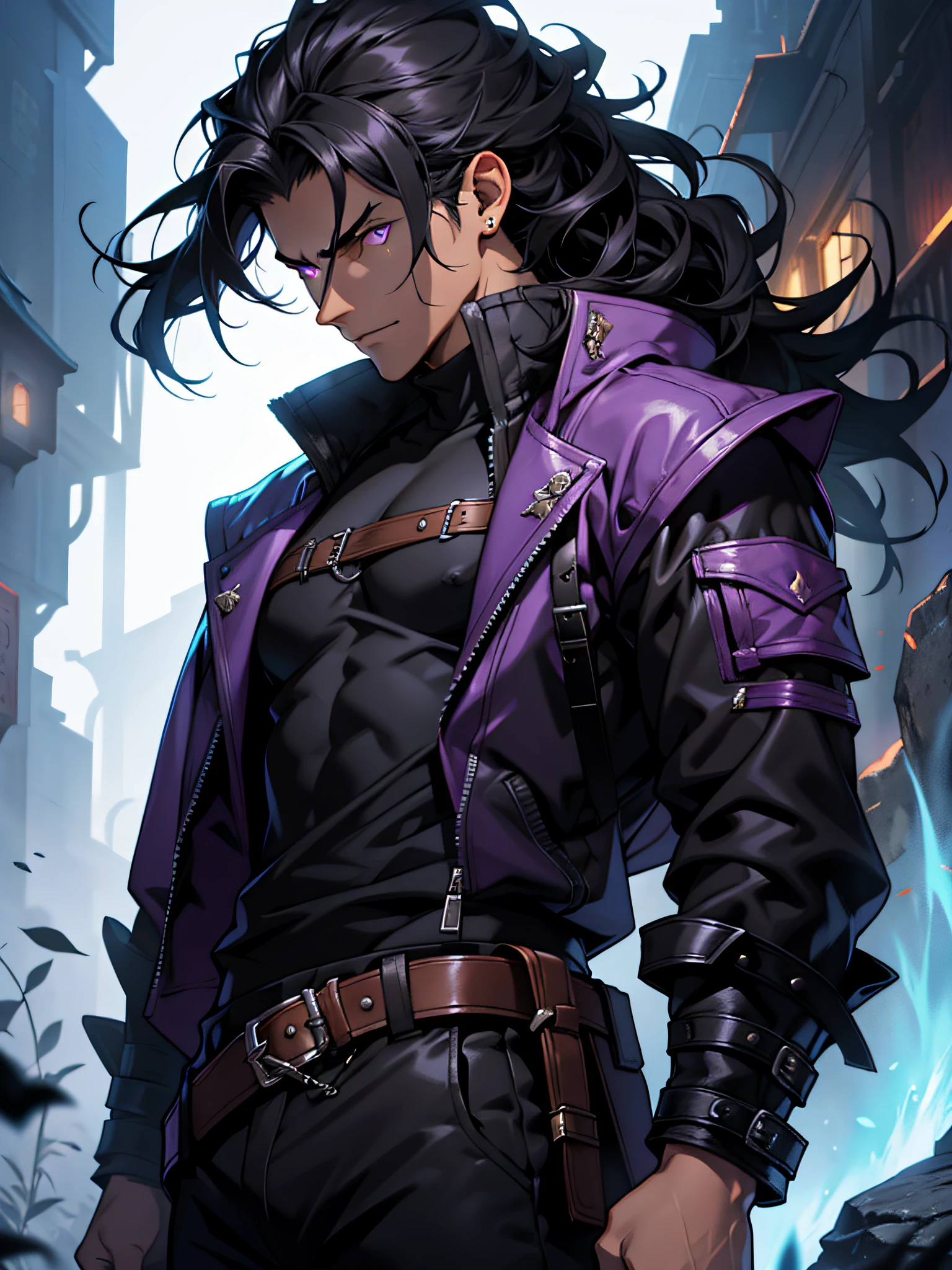 1boy, medium black hair wavy and spiky, fantasy adventure clothing, jacket, light tanned skin, dark powers, purple glowing eyes, black pants