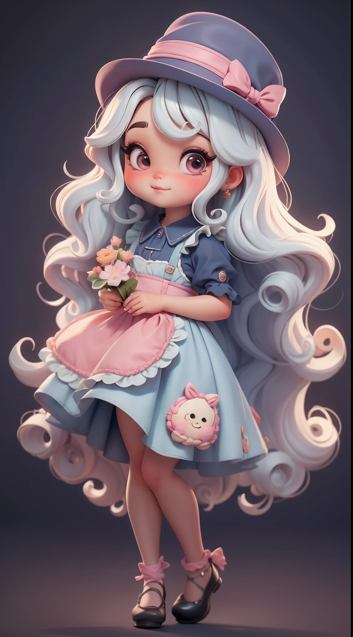 Create a series of chibi style dolls with a cute vintage chic theme, each with lots of detail and in an 8K resolution. All dolls should follow the same solid background pattern and be complete in the image, mostrando o (corpo inteiro, incluindo as pernas: 1.5)

Boneca Aprendiz de Bruxa: Chame-a de Mia. She must have medium wavy pastel hair. Seus olhos devem ser grandes e curiosos, with long eyelashes and slightly pinkish cheeks. Mia should be dressed in a colorful dress and a polka-dot blouse and a delicate and beautiful hat. She should hold delicate and thin accessories. Add details like pockets and ruffles to the apron to make it even more charming, sapato bonito

Certifique-se de adicionar sombras, texturas e detalhes nos cabelos, roupas, Cute Halloween utensils, to make them even more adorable and charming.