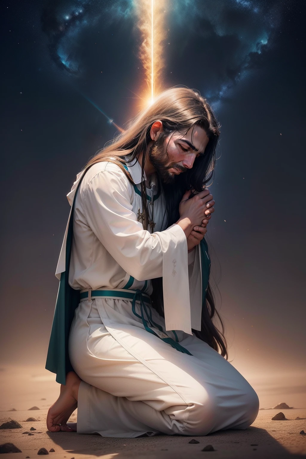 Uma imagem celestial de um homem se desenha ao amanhecer, onde um ser divino (Jesus Cristo) gently touches the face of someone kneeling, wiping away her tears. The colors of human emotions turn into a radiant rainbow that rises to the sky, evoking hope. Weeping is replaced by the soft laughter of the wind and the melody of joy, enquanto a cena revela um futuro de paz e promessa eterna.