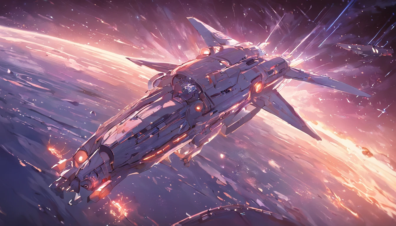 (Space art),(high-angle view:1.2), In space, Large aircraft carriers , Below the spacecraft is space,Cyberpunk, dreamy glow, luminous neon lights,