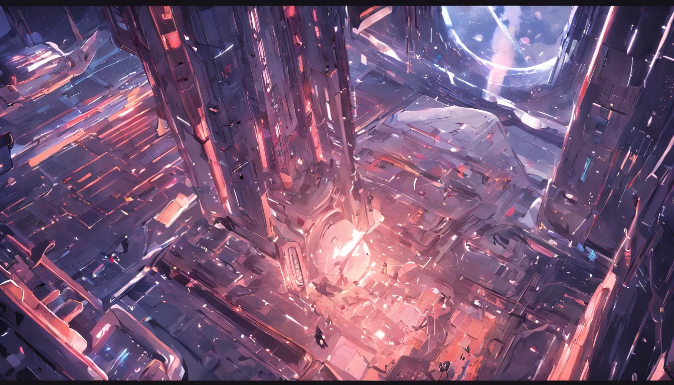 (Space art),(high-angle view:1.2), In space, Large aircraft carriers , Below the spacecraft is space,Cyberpunk, dreamy glow, luminous neon lights,