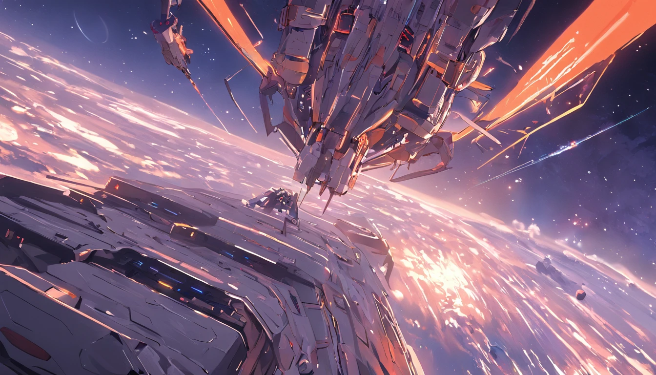 (Space art),(high-angle view:1.2), In space, Large aircraft carriers , Below the spacecraft is space,Cyberpunk, dreamy glow, luminous neon lights,