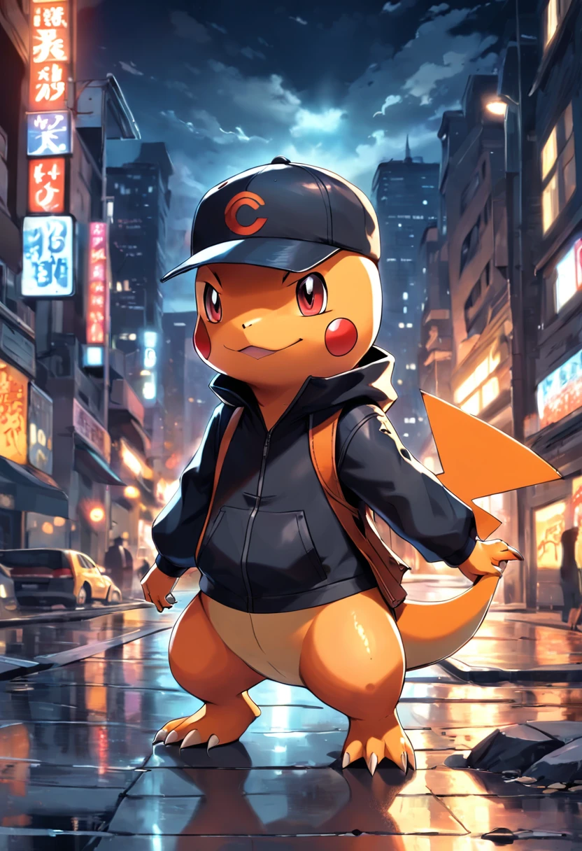 a highly detailed illustration of the pokemon Charmander wearing the iconic black spy outfit and a pair of sunglasses, qualidade excepcional, dinamic pose, mischievous expression, urban night scenery, lighting dramatic, estilo de desenho hiper-realista