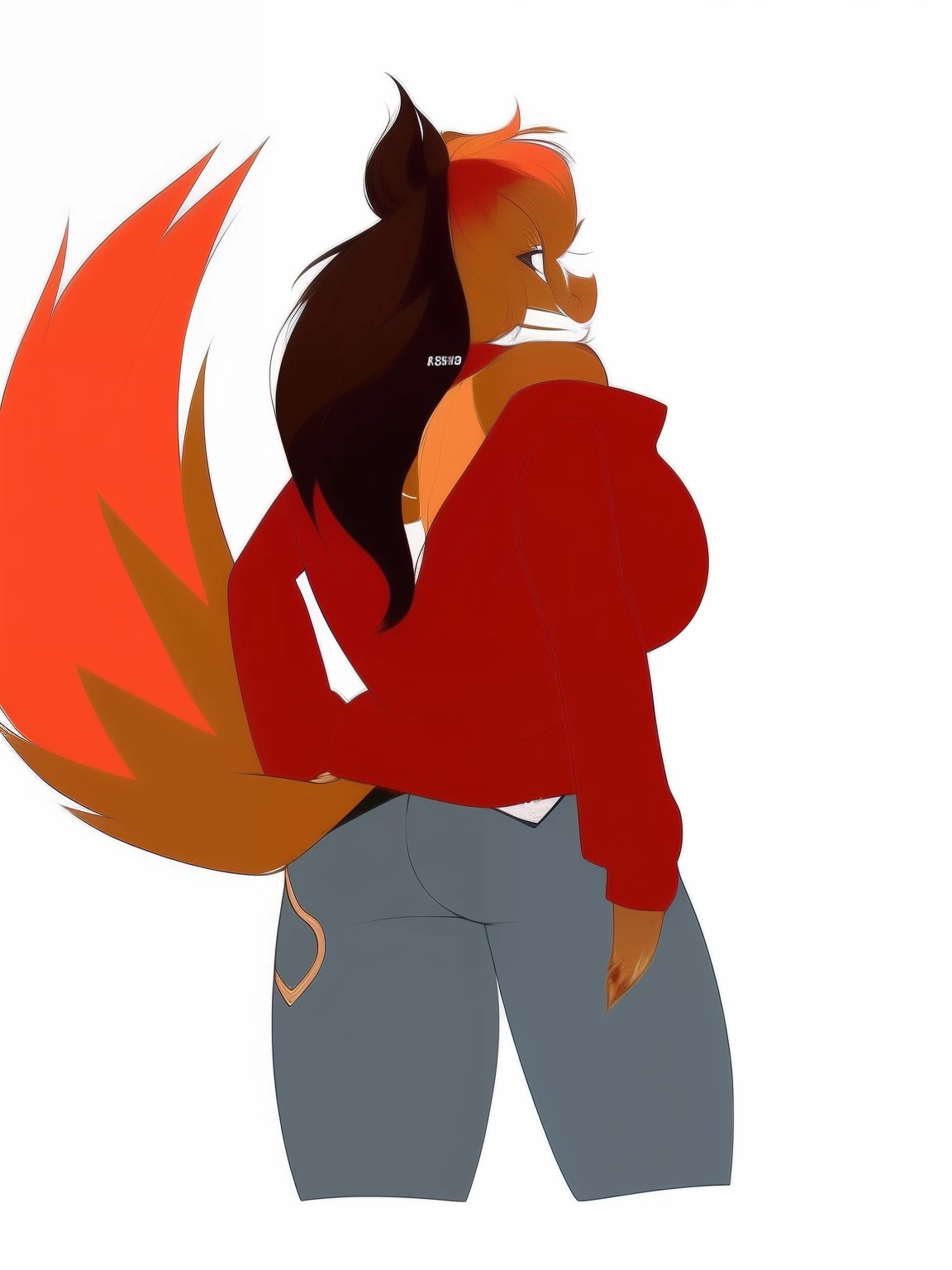 A Fox with big tits and a nice ass, Tomboy rocker with rock hair with a red apiary, wears a comfortable hoodie and short shorts, shows off her shapely ass