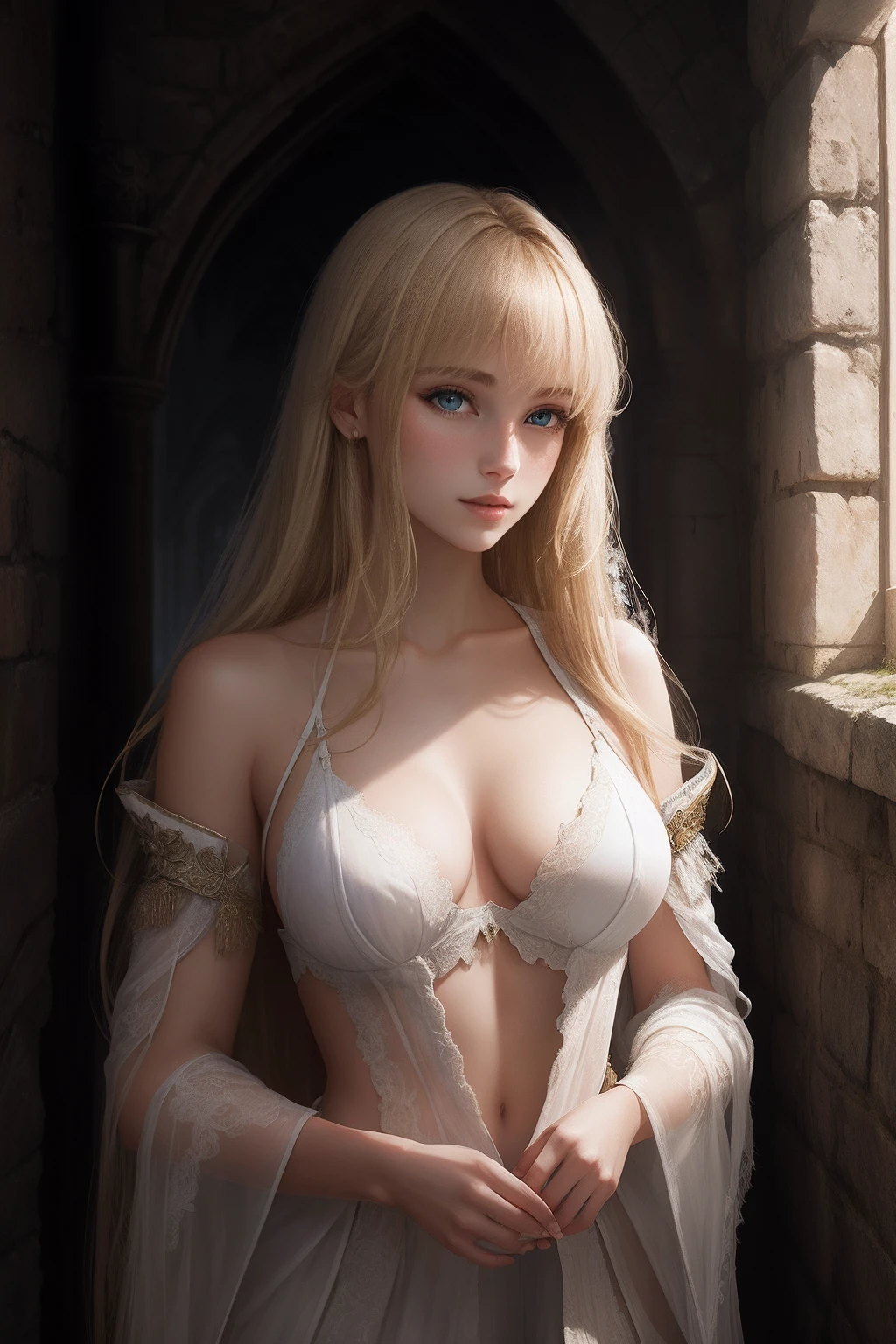 Beautiful slender young long-haired blonde woman with bangs in tattered white fantasy armor with exposed breasts, INTERIOR OF THE CASTLE, nffsw, River Fantasy, Micro Detail, Soft light, Photorealistic, Proportional, hyperdetails