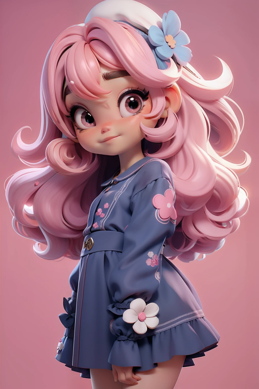 Menina estilo Chibi de cabelos compridos rosa, Hat at Ceba, olhos claros, vestido, jardim com muitas flores