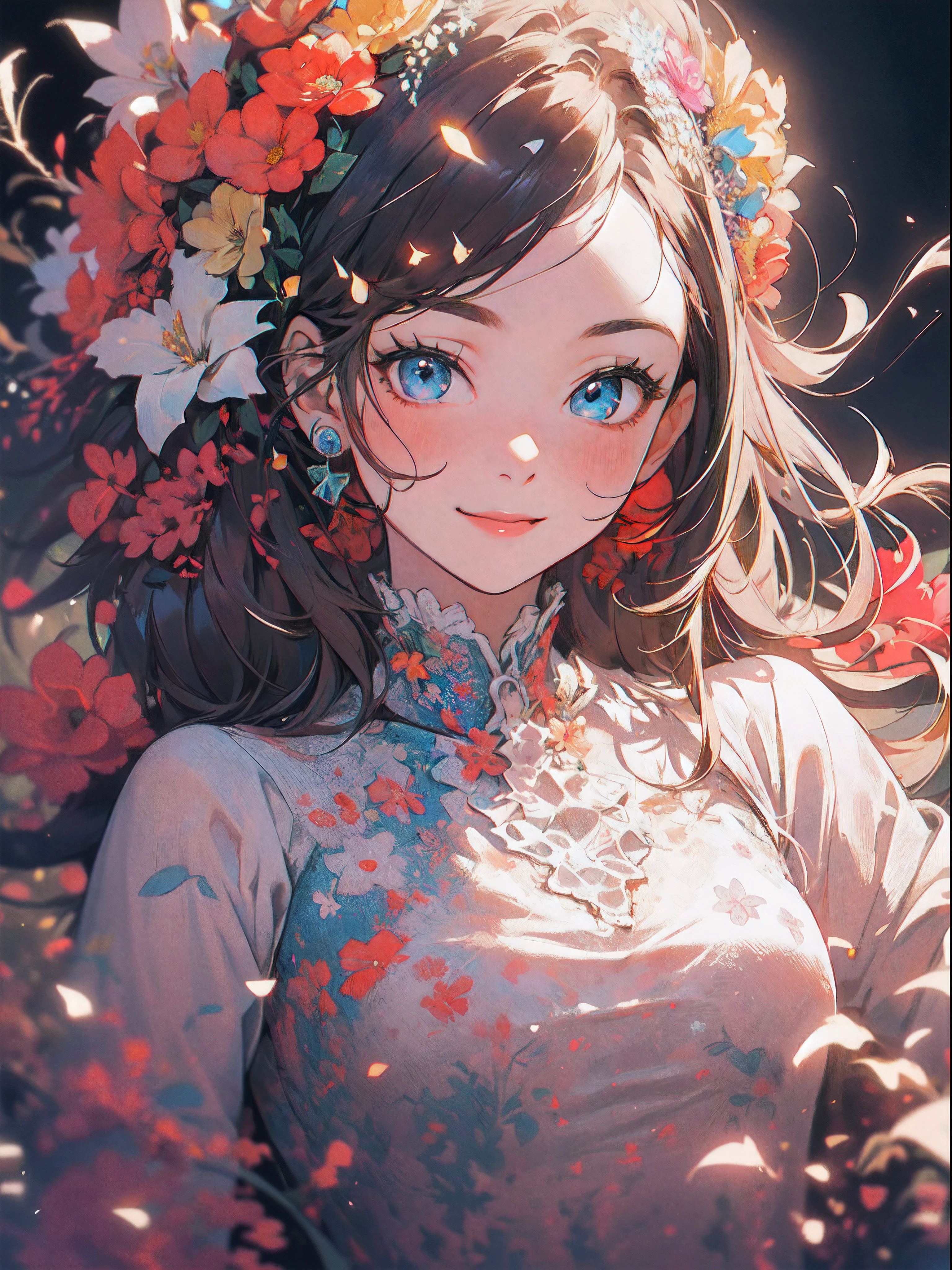 ((flowercrown),((Congratulations)),Flower bouquet,innocent smiles、eye glass、veranda、ancient city、(1 girl, Solo:1.6),(Cute smile),(Clothes are simple), (Best Impact:1.5), (maximalism:1.7), Vivid contrast, (Realistic), hyperrealistic illustrations, hight resolution, ultra-detailliert, absurderes,(Fractal Art:1.3)、Random hairstyle、Random hair color colorful、FULL BODYSHOT、Retro、Precise focus、randome pose、cinema4d、Drama