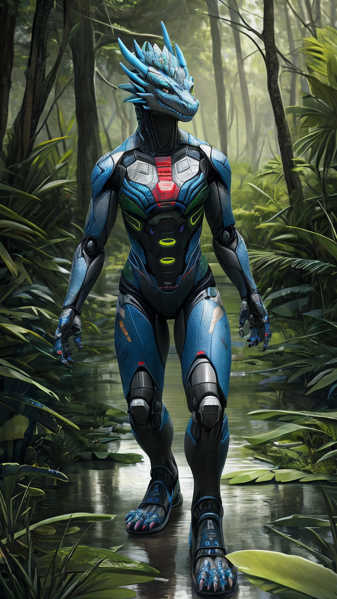 Bionic robot dragon,female,Android,Red Lingeri,sandals,Standing in the swamp,HD graphics,Detailed and realistic,high detal,high qulity,photo-realistic,photorealistic eye,Detailed paws,Clear eyes,Masterpiece artwork,Five-fingered hands,top-quality,32k