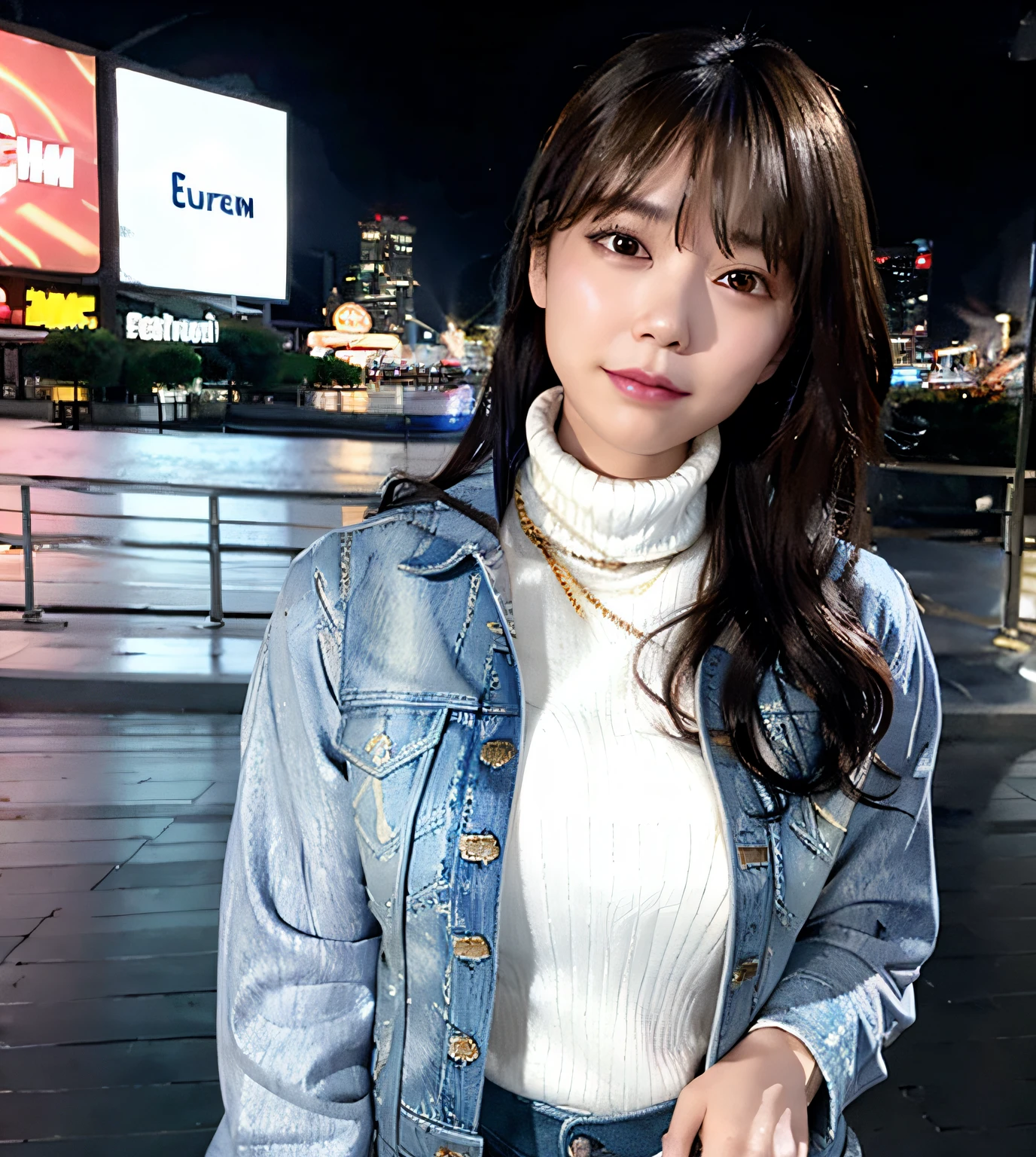 best quality, photorealistic, 8k, high res, (((1girl))), woman, (medium breast), ((looking at the viewer)), (looking at the camera), (medium hair), (professional lighting, bokeh), (street), (people, crowds:0.6), cityscape, neon light, time square, new york, (daytime), (denim jacket with turtleneck shirt:1.5), (portait:0.6), rainy, water drop, water, ((sweat)), (poker face), mini jeans, short jeans, gold chain necklace, gorgeous, floating hair, (light particles, lens flare, glowing particles:0.6), (dynamic pose:1.2), soft lighting,