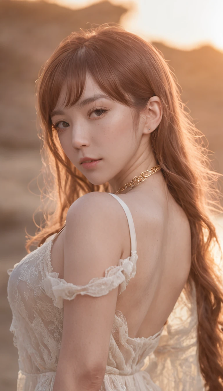 8yk,Raw photo,(masutepiece),(Best Quality),hight resolution,(1girl in),(Realistic, Photorealsitic:1.2),super-fine,Physical Rendering,choker necklace,耳Nipple Ring,Air bangs,hair adornments,the setting sun,鎖骨,wristbands,nabel,Long whit hair,Brown hair,Ahoge,1girl in,Colossal tits,sandbeach,Wavy Hair,Thinness