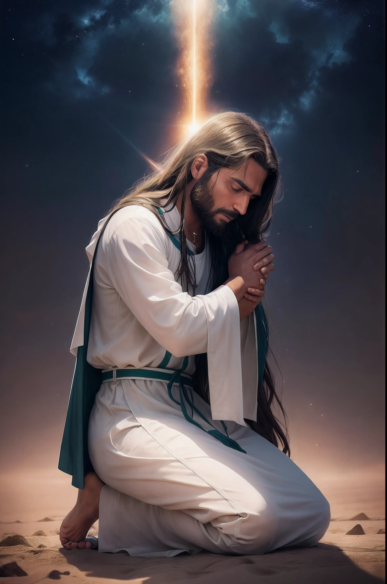 Jesus kneeling on the sand with his hands clasped to his face, Vestido como Jesus Cristo, holy man looking down at the ground, kneeling in prayer, picture of a male cleric, Jesus Cristo, hugging his knees, O Senhor e Salvador, jesus hugging a woman, Retrato de Jesus Cristo, Jesus Cristo em Mass Effect, with his hands in his hair