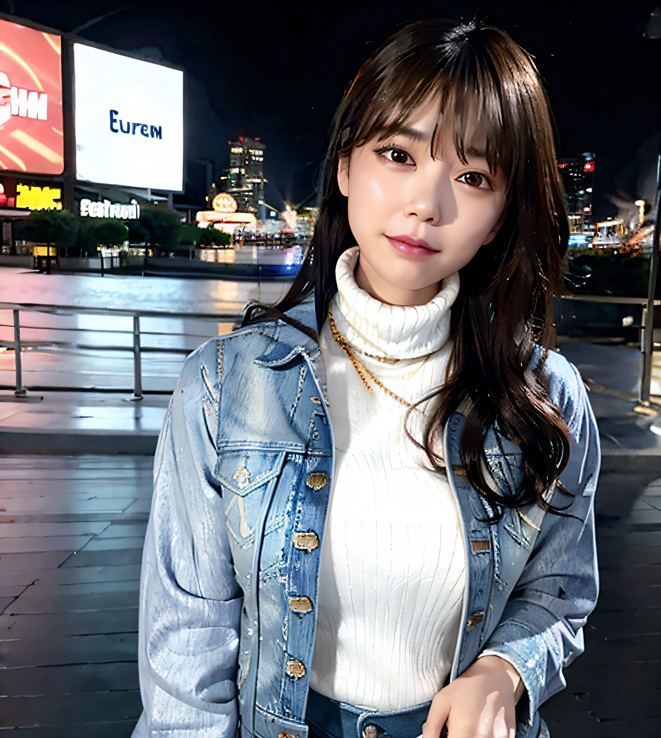 best quality, photorealistic, 8k, high res, (((1girl))), woman, (medium breast), ((looking at the viewer)), (looking at the camera), (medium hair), (professional lighting, bokeh), (street), (people, crowds:0.6), cityscape, neon light, time square, new york, (daytime), (denim jacket with turtleneck shirt:1.5), (portait:0.6), rainy, water drop, water, ((sweat)), (poker face), mini jeans, short jeans, gold chain necklace, gorgeous, floating hair, (light particles, lens flare, glowing particles:0.6), (dynamic pose:1.2), soft lighting,