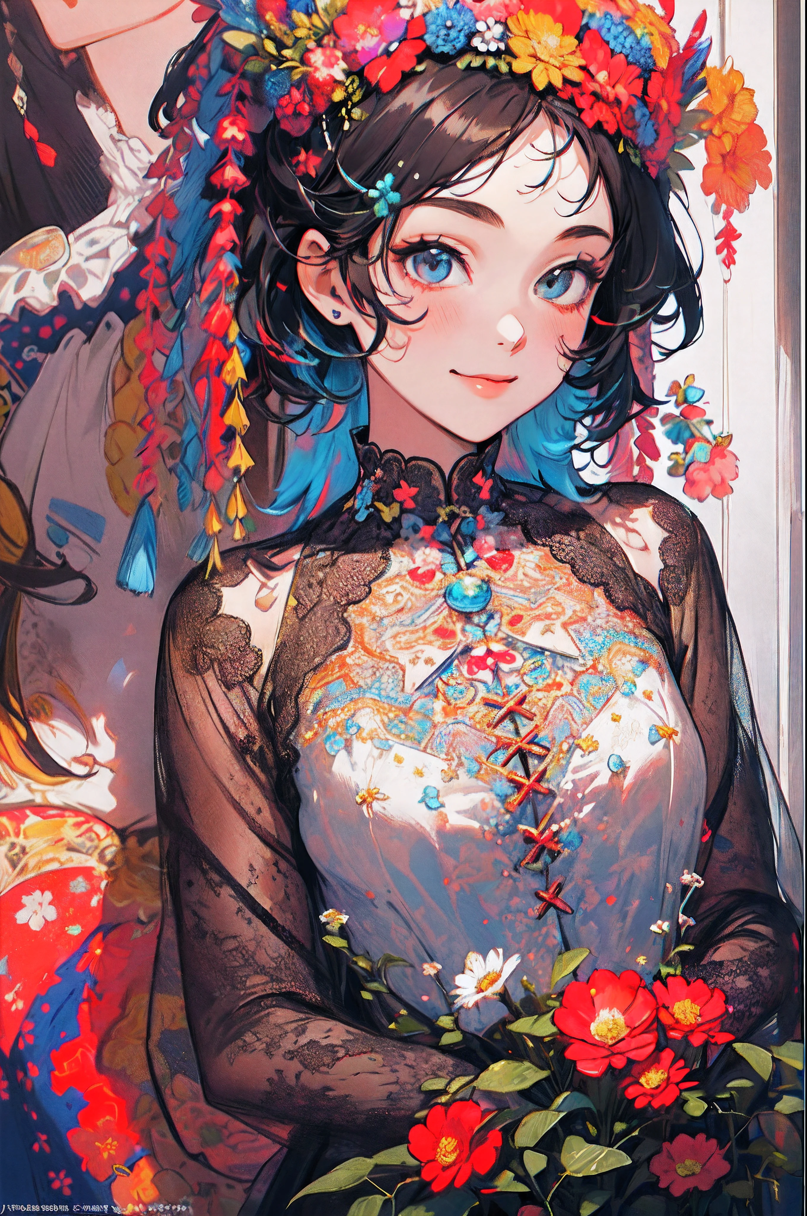 ((flowercrown),((Congratulations)),Flower bouquet，innocent smiles、eye glass、veranda、ancient city、(1 girl, Solo:1.6),(Cute smile),(Clothes are simple), (Best Impact:1.5), (maximalism:1.7), Vivid contrast, (Realistic), hyperrealistic illustrations, hight resolution, ultra-detailliert, absurderes,(Fractal Art:1.3)、Random hairstyle、Random hair color colorful、FULL BODYSHOT、Retro、Precise focus、randome pose、cinema4d、Drama