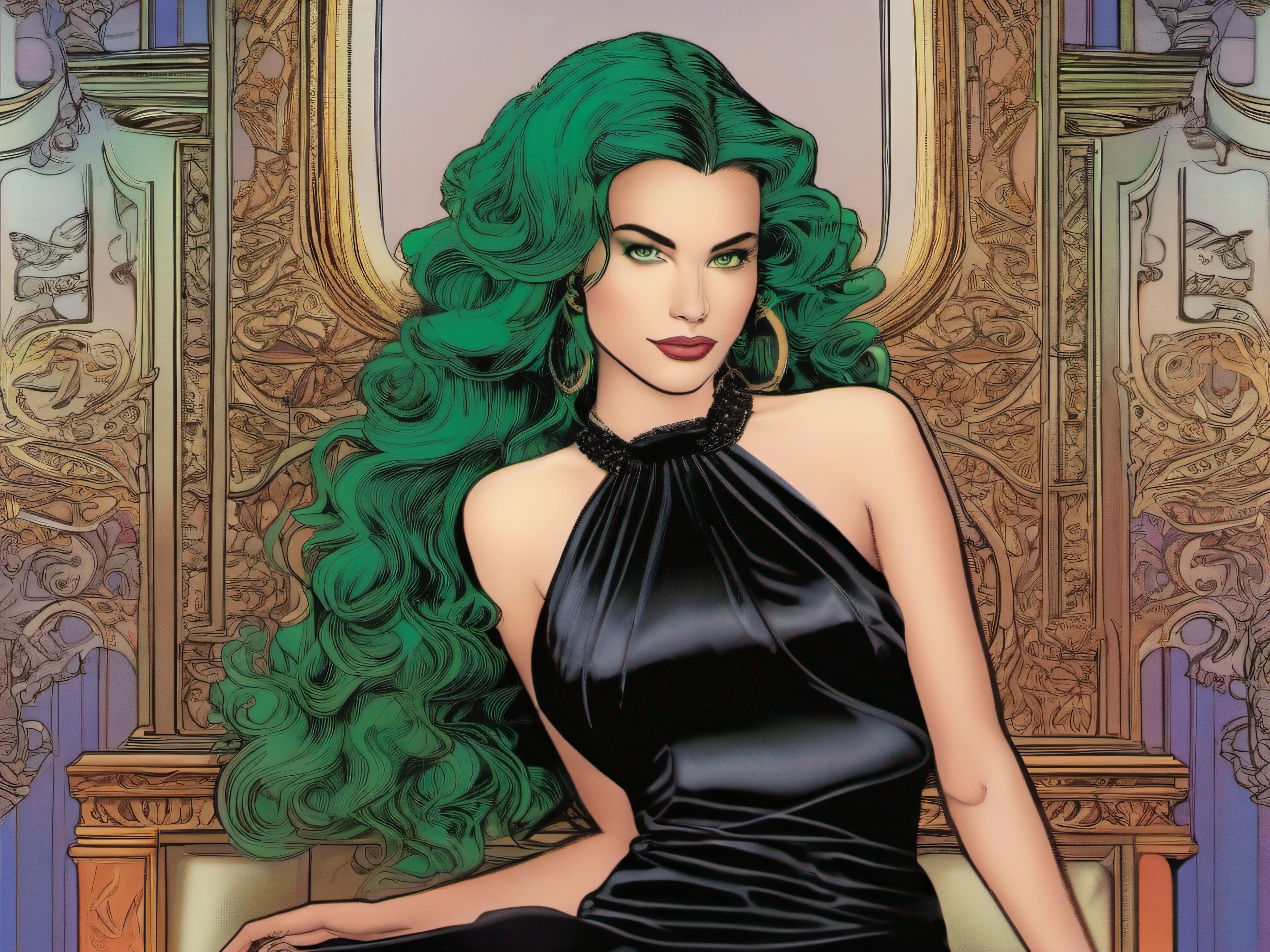 Tzindi Dexter wears a black evening gown and is a  who looks Brazilian fusion of Claire Forlani mixed with Claire Danes, (masterpiece:1.3), best quality, official art, magazine cover, ultra detailed, 1990s \(style\) like Vampire Hunter D, elegant dress, gothic living room, sitting on sofa, long hair, curly hair, green hair, green eyes, jewelry, art by [Aaron Horkey|Lisa Frank],