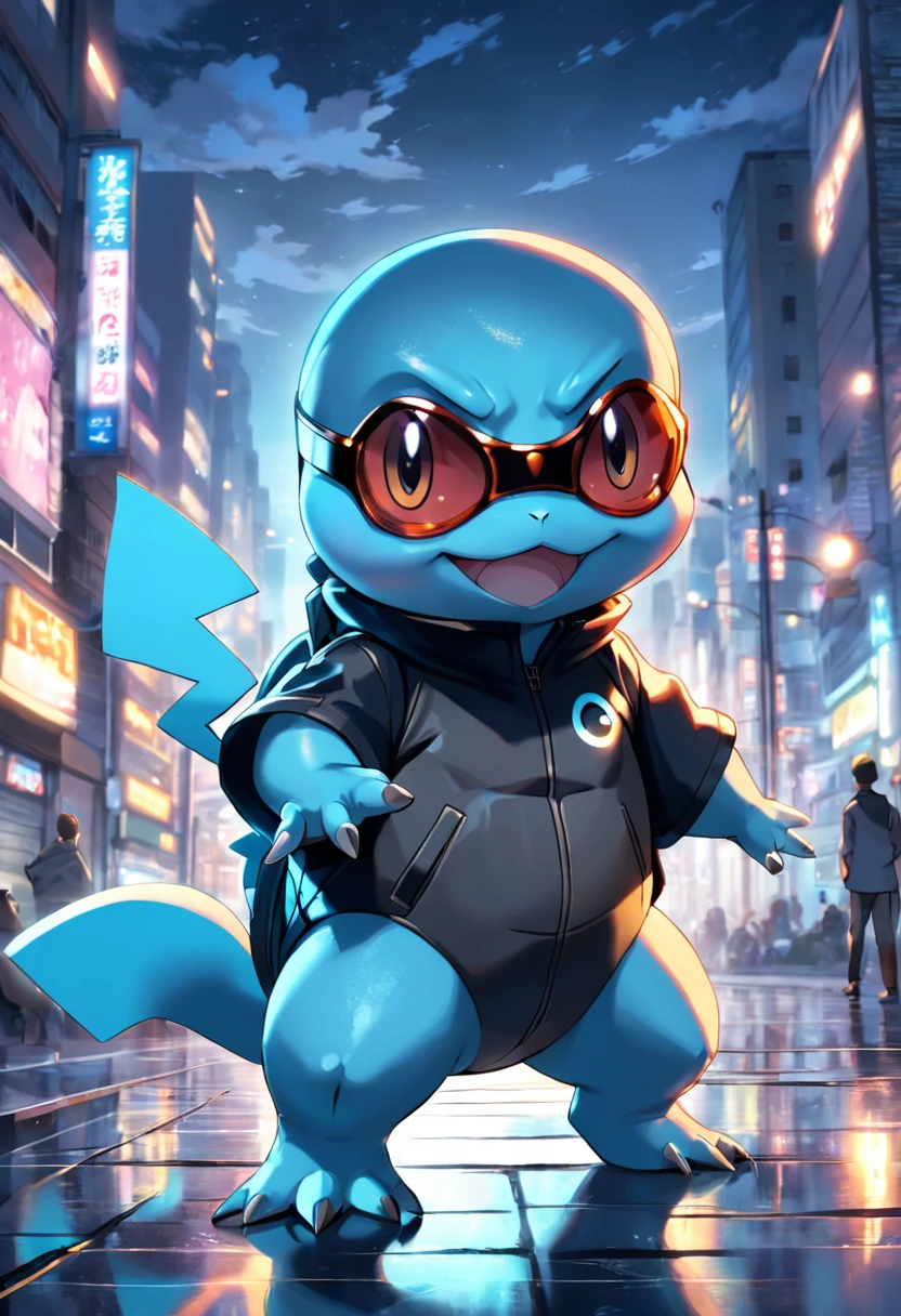 a highly detailed illustration of Pokémon Squirtle in black spy suits and wearing sunglasses, qualidade excepcional, dinamic pose, mischievous expression, urban night scenery, lighting dramatic, estilo de desenho hiper-realista