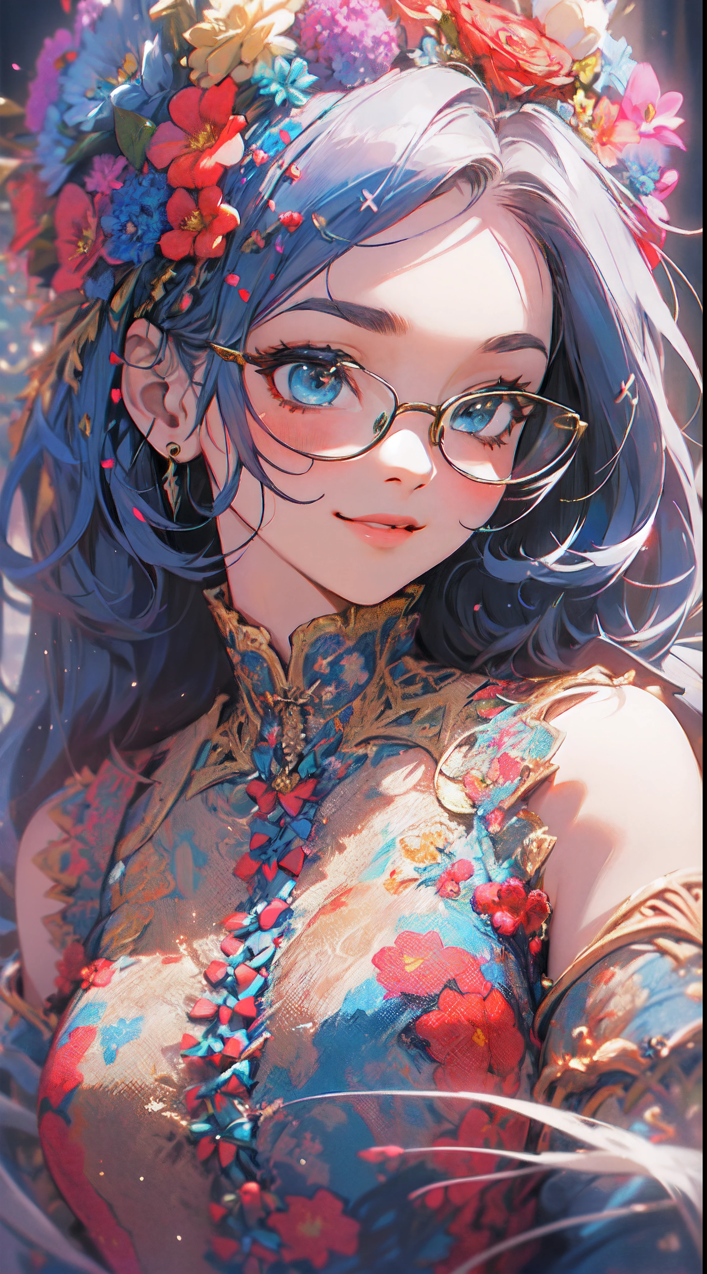 ((flowercrown),((Congratulations)),Flower bouquet,innocent smiles、eye glass、veranda、ancient city、(1 girl, Solo:1.6),(Cute smile),(Clothes are simple), (Best Impact:1.5), (maximalism:1.7), Vivid contrast, (Realistic), hyperrealistic illustrations, hight resolution, ultra-detailliert, absurderes,(Fractal Art:1.3)、Random hairstyle、Random hair color colorful、FULL BODYSHOT、Retro、Precise focus、randome pose、cinema4d、Drama