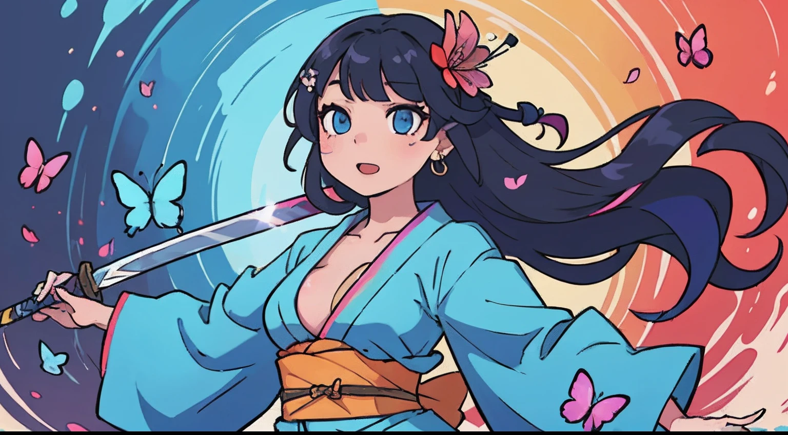 s girl、Practice dancing with a sword、Fine pattern Japan sword、Face up、ultradetailed eyes、Rainbow painting drops、Full Paint、Splash、Long color hair、Paint Kimono、Super luxury kimono、Rainbow Paint Kimono、（hair adornments、耳Nipple Ring、Floral hair ornament、butterfly hair ornament）、Sword Practice