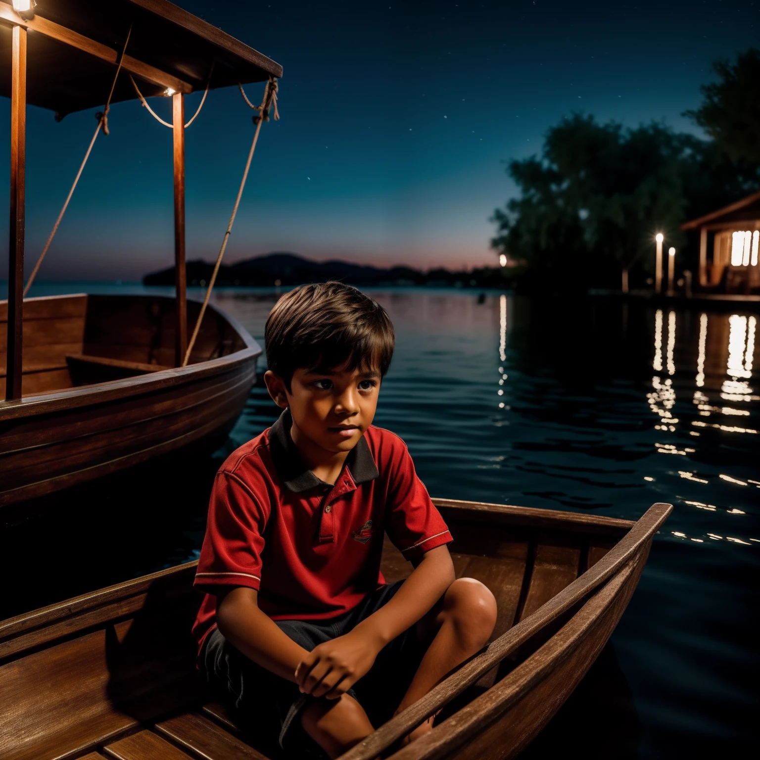 A poor boy waiting in a boat for girl friend, at night,ultra realistic,8k ultra hd