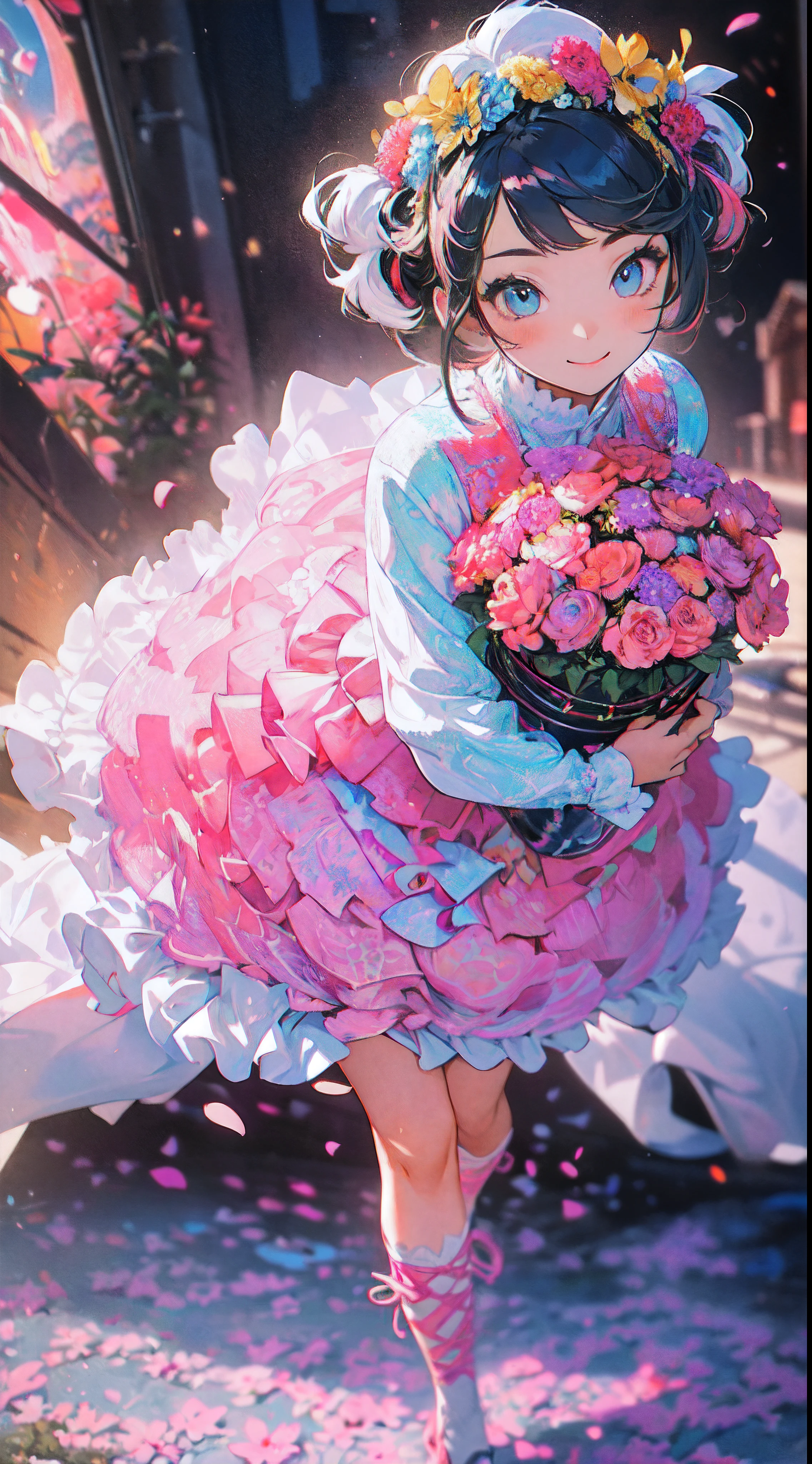 ((flowercrown),((Congratulations)),Flower bouquet,innocent smiles、eye glass、veranda、ancient city、(1 girl, Solo:1.6),(Cute smile),(Clothes are simple), (Best Impact:1.5), (maximalism:1.7), Vivid contrast, (Realistic), hyperrealistic illustrations, hight resolution, ultra-detailliert, absurderes,(Fractal Art:1.3)、Random hairstyle、Random hair color colorful、FULL BODYSHOT、Retro、Precise focus、randome pose、cinema4d、Drama
