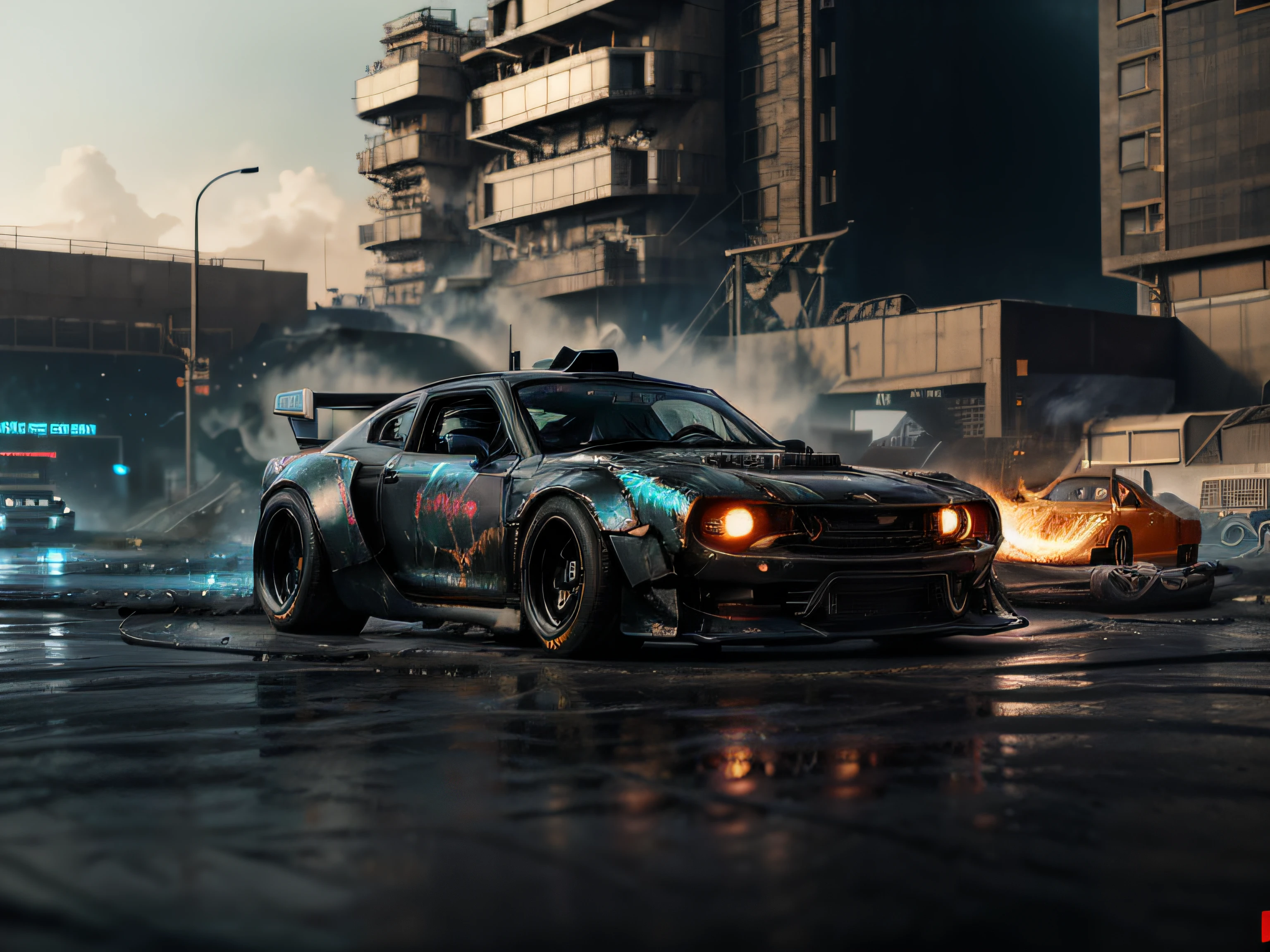 white modern style car,front isometric view,neon lights tires,fire from body,cyberpunk background, smooth outer texture ,bokeh,cinematic shot,big tires,destroyed cars in background, action movie poster, phosphorescent, fluorescent, blacklight,