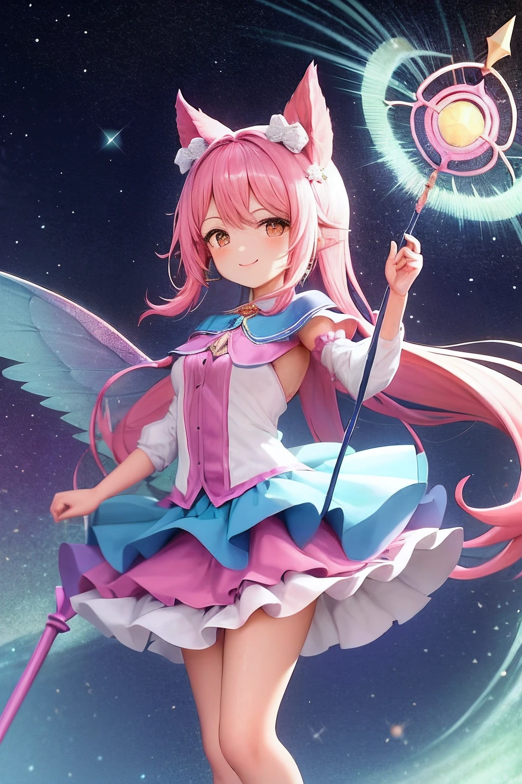 Garota fofa baixinha sorrindo, flies over the sky in the morning, usando roupas rosas e cheias de babados, while holding a childish magic staff at heart. Fundo desfocado, Magical pink sparkle and aura effects. Ponto de vista terceira pessoa, de baixo.