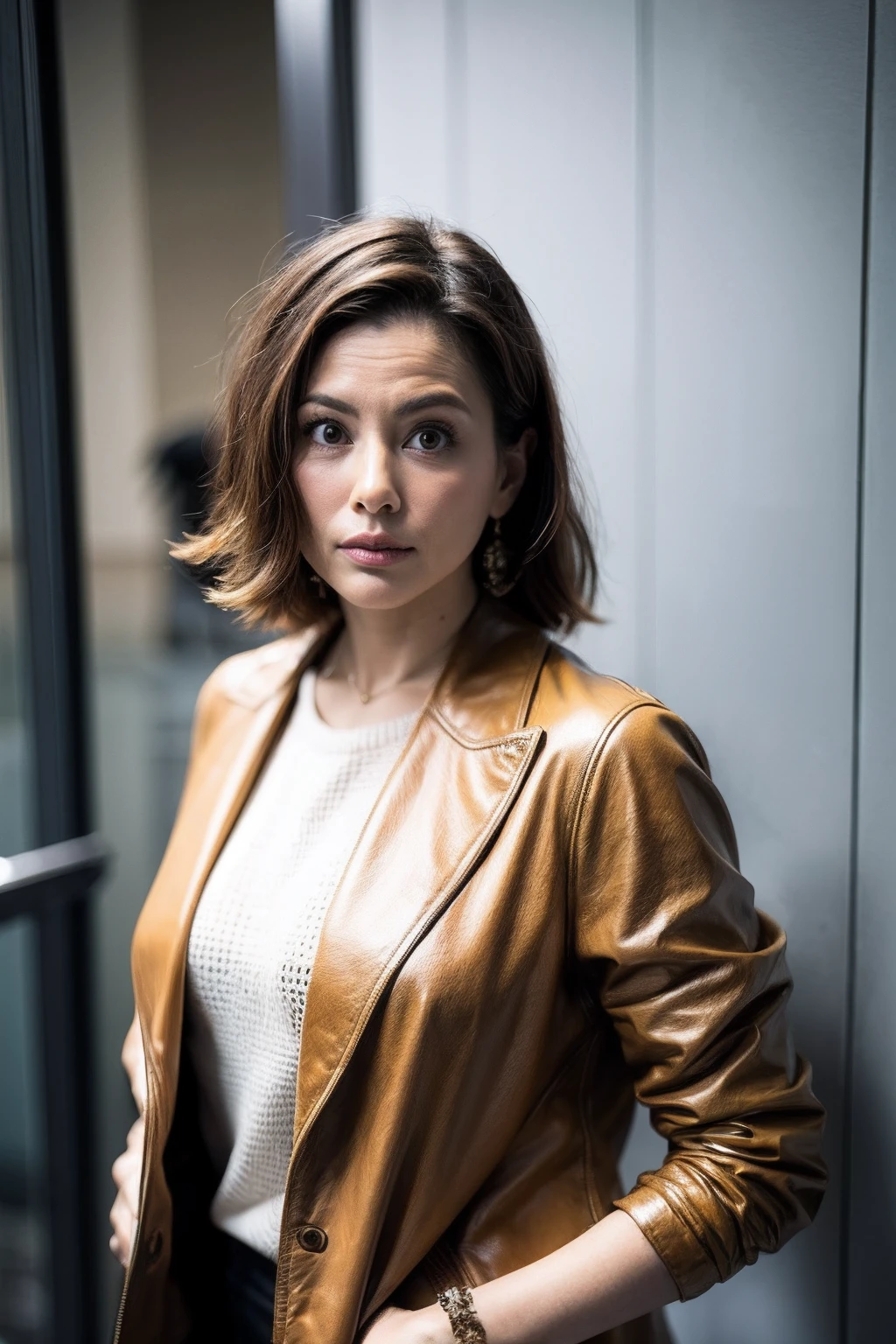 A close up of a woman in a leather jacket standing near a window ...