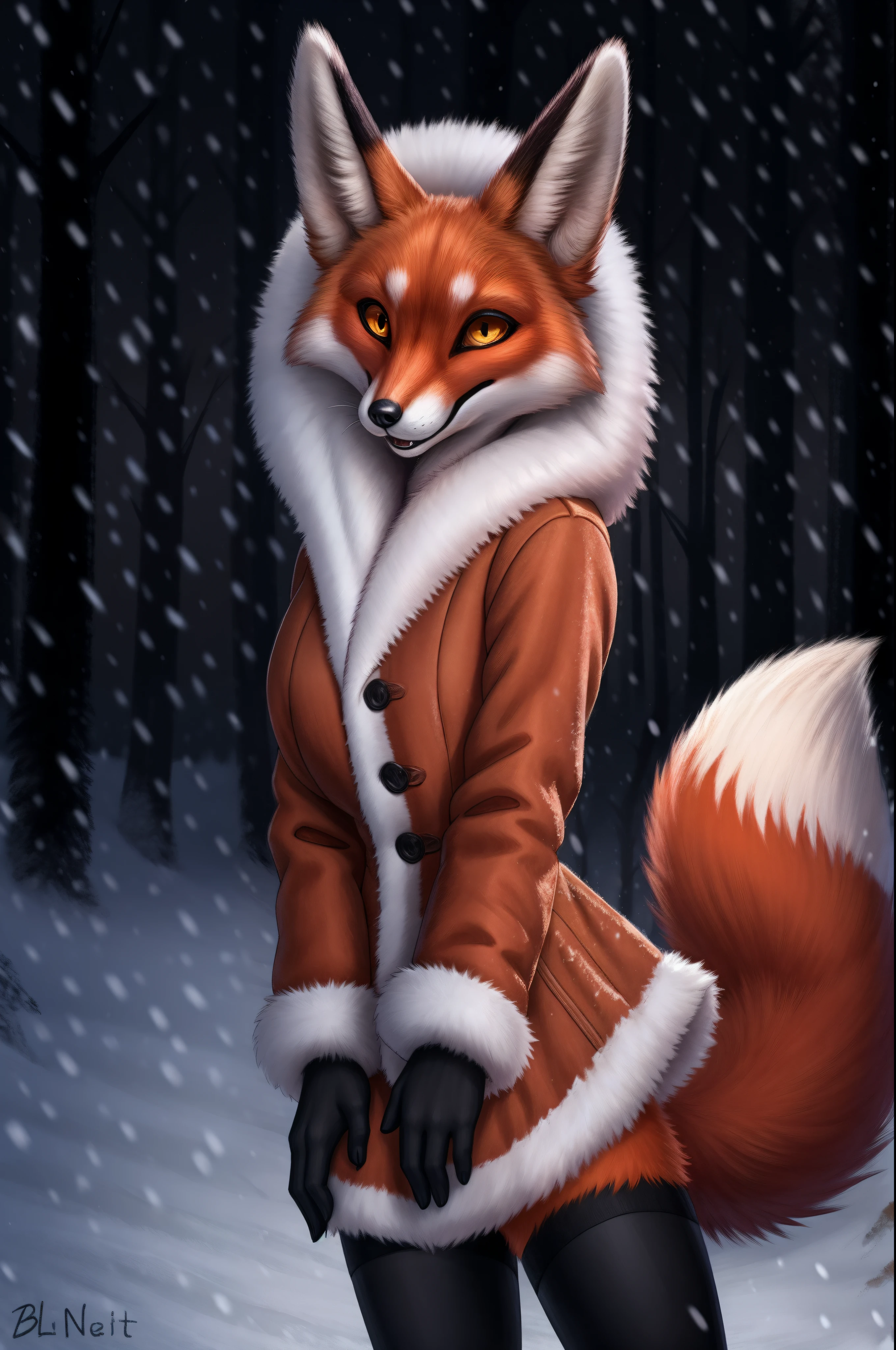 Alice, 独奏, 1girl, animal ears, Color: Red, Orange, female focus, 1 fox tail, Red tail of the best quality, exteriors, hood, a tree, Detailed background, orange jacket, fur-trim, Furry, fur-trimmed sleeves, Orange fur coat with fur trim, Fox ears of the best quality, a 1girl, 独奏, Focus Photo, Smile, blusher, looking a viewer, the night, Deep Night, winter, It's snowing, detailed yellow eyes, Detailed beautiful yellow eyes, detailized face, Heightened sexuality, big breastes, skinny waist, A full body girl, Girl in a skirt, Girl in black stockings, beste-Qualit,in detail,high-resolution illustration, Cute, canny smile, blusher, voluminous breasts, Vulgar girl, fluffy fur, Ultra Detailed, 8K