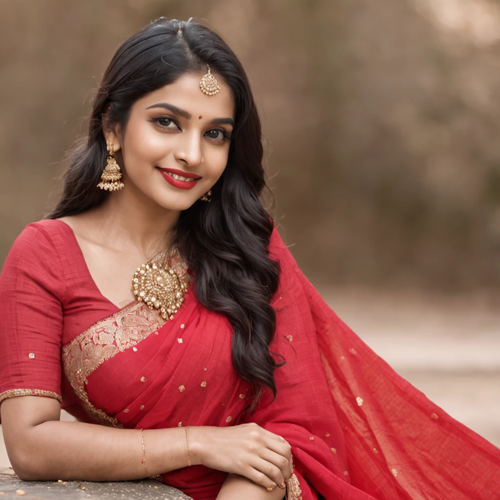 Young Indian woman with golden eyes, black long wavy hair, And fat lips stand in a frontal posture in a vivid red saree, Smiling with bright teeth,