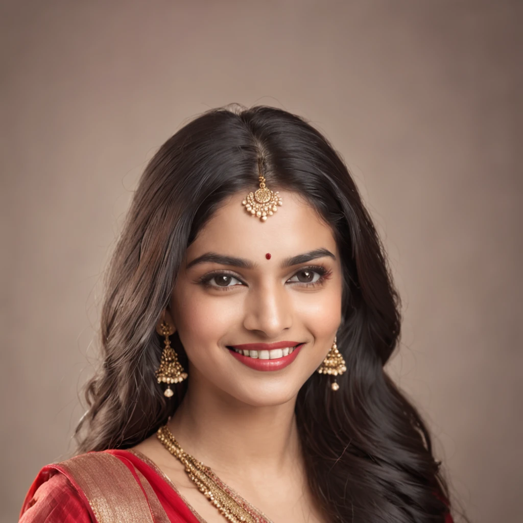 Young Indian woman with golden eyes, black long wavy hair, And fat lips stand in a frontal posture in a vivid red saree, Smiling with bright teeth,