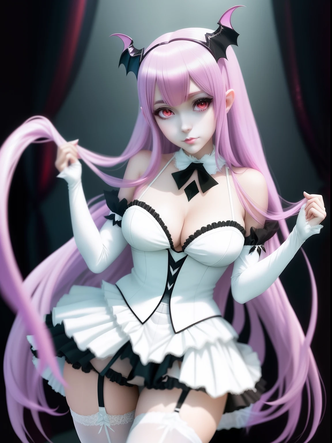 araffe dressed in white lingerie and stockings posing for a picture, Anime girl cosplay, Anime cosplay, cosplay, a beautiful succubus, seductive anime girls, cosplay foto, rpgmaker, Anime goddess, Succubus, succubus in tight kilt, Ayaka cosplay, Loli, mika kurai demon, demon anime girl, Ahgao 3D