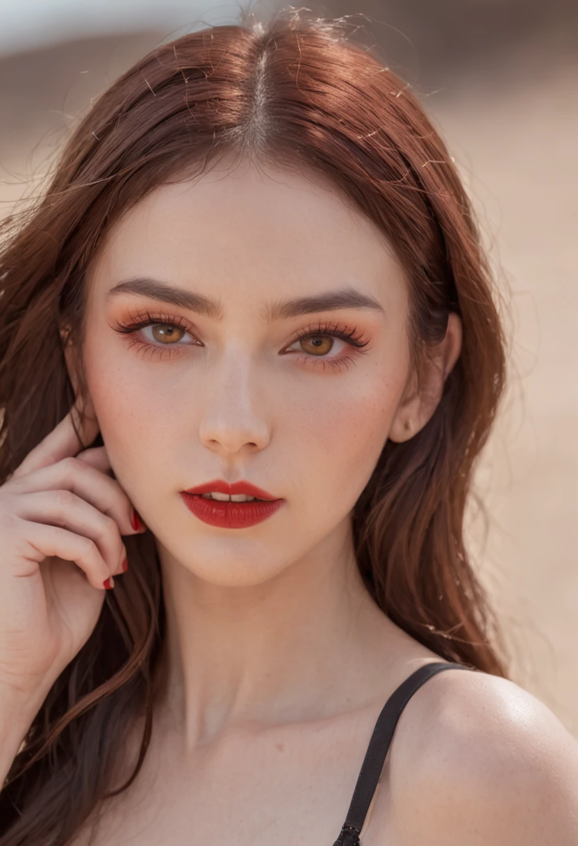 Handsome Girl, Sexy, Bright makeup, Hair long , A dark-haired, the wind, Sand, A desert, Bright sun, Minimum clothing, Collar, a belt, leather belt, Cat's ears , Someone, bright yellow eyes, Bright red lipstick, portrait of the,