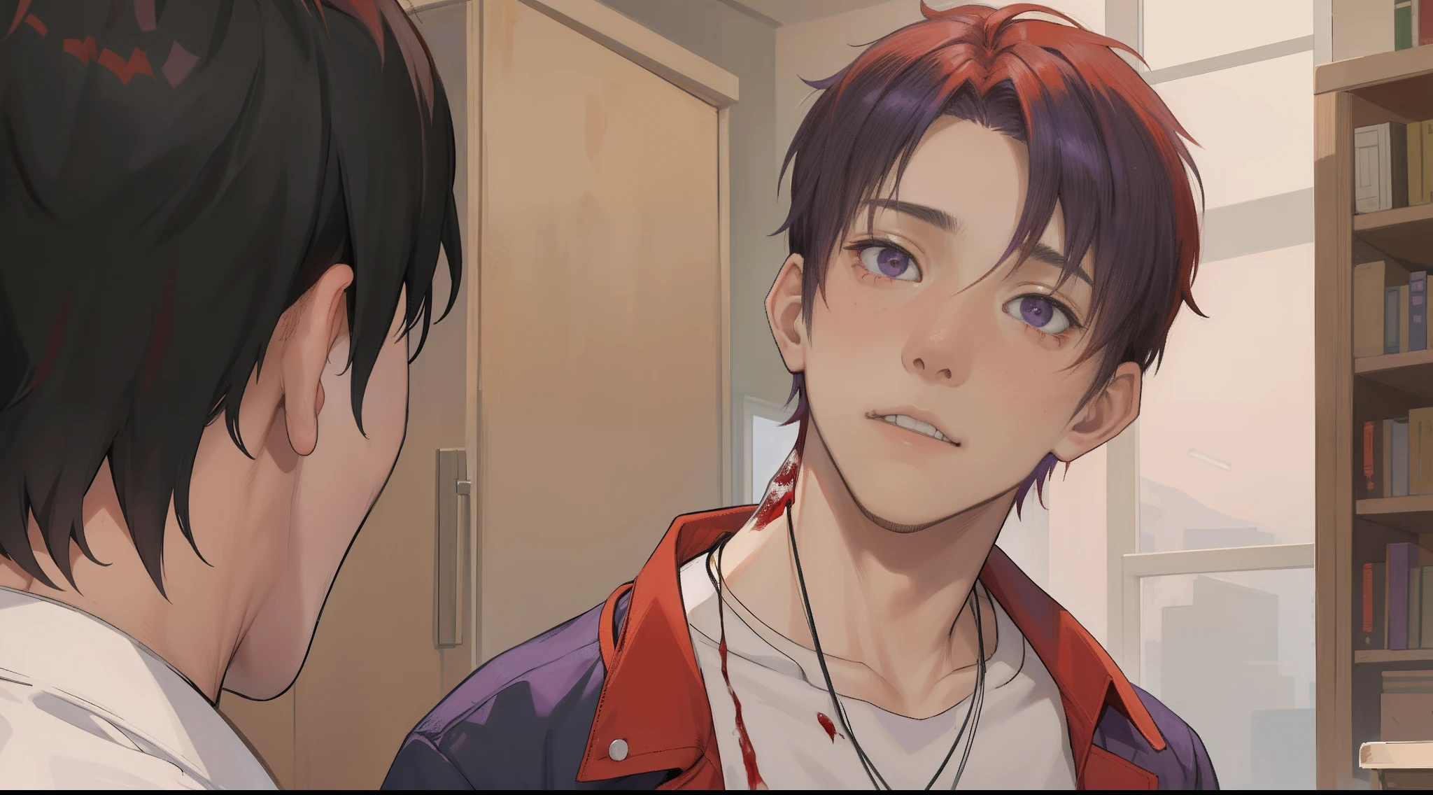 A 15-year-old red-haired boy has a bleeding wound in his abdomen , su amigo sela curara , purple skin, He's in the classroom telling his best friend a sad story.........