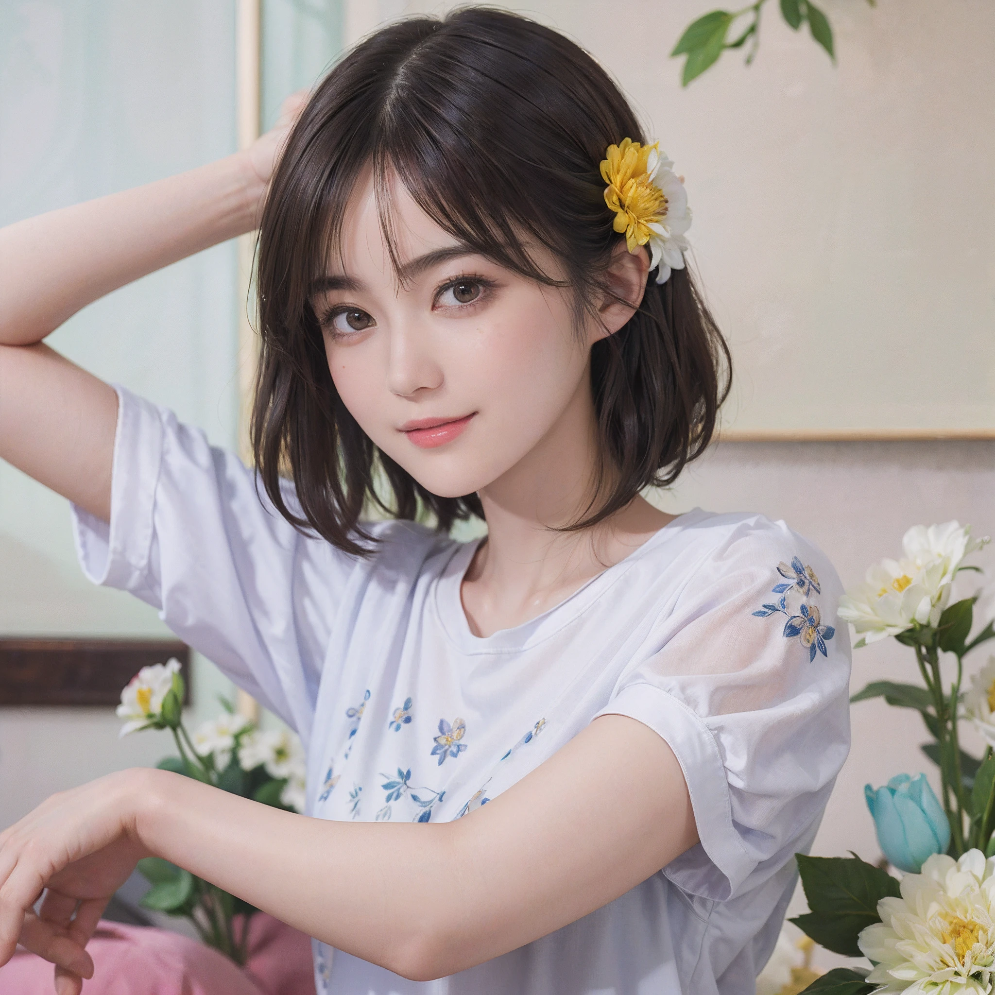 (Masterpiece)、(Photorealsitic、Raw photography、top-quality: 1.4)、(1womanl)、((Floral - T-shirt))、Alphabet design、beautiful expression、((A slight smil))、(A dark-haired、short-hair:1.3)、Beautiful hairstyle、realisticeyes、Beautiful details、(real looking skin)、Beautiful skins、enticing、超A high resolution、A hyper-realistic、high-detail、the golden ratio