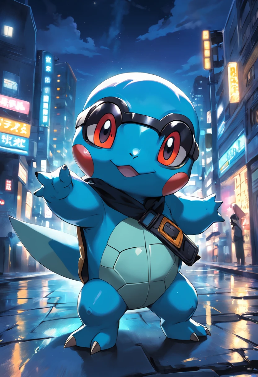 a highly detailed illustration of Pokémon Squirtle in black spy suits and wearing sunglasses, qualidade excepcional, dinamic pose, mischievous expression, urban night scenery, lighting dramatic, estilo de desenho hiper-realista