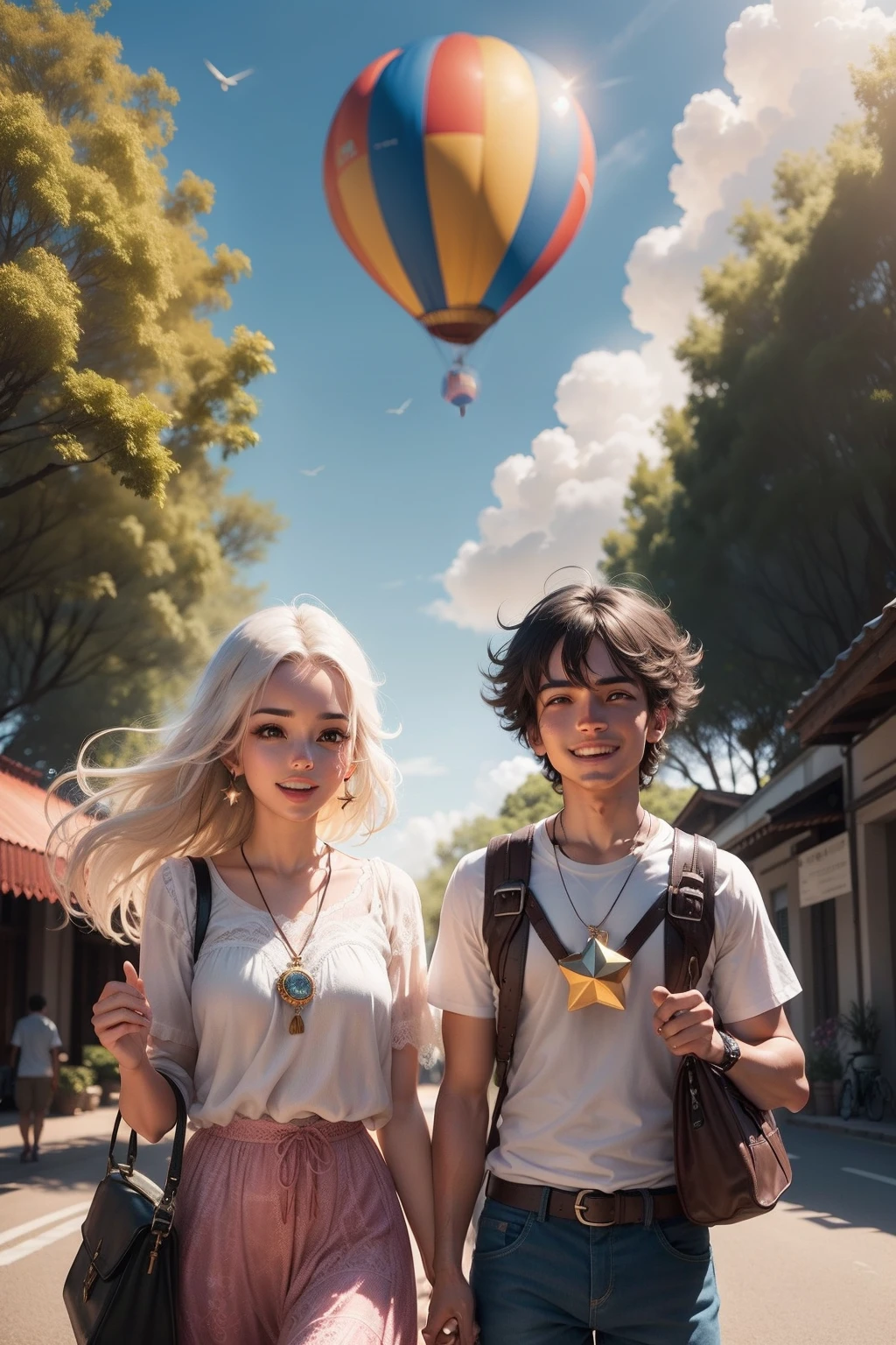 Desenhe um jovem de cabelos brancos, com olhos brilhantes e um sorriso contagiante, holding a huge star-shaped hot air balloon. Seu amigo, um garoto de cabelos castanhos e animado, is holding an open world map and pointing to an exciting destination. Both are dressed in colorful clothes and look like they are about to embark on a magical adventure together. The scenery around them is a park full of luminous trees and exotic flowers, criando uma atmosfera alegre e encantadora. Let the complicity and friendship between these two characters shine through as they revel in their unforgettable journey!