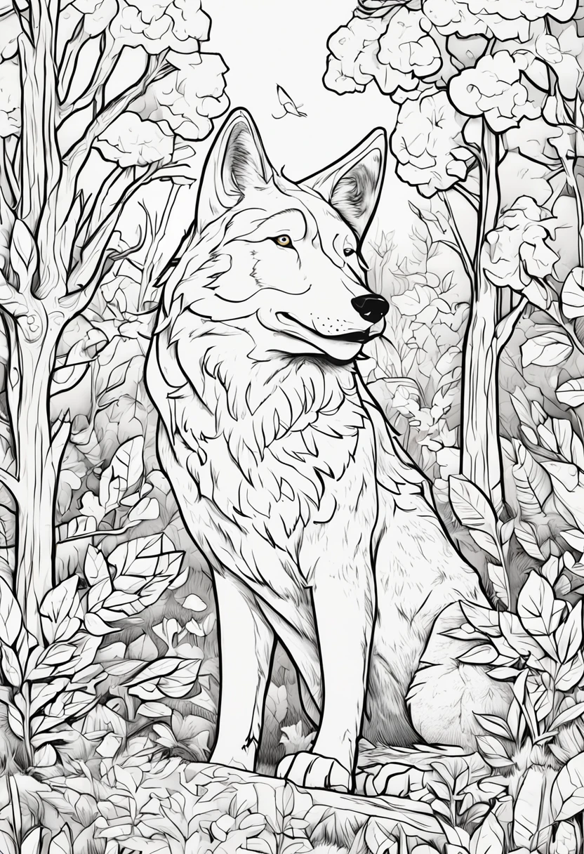 Livro para colorir de um lobo na floresta,childish traits,linhas grossas,sem cor,fundo branco,dashes only