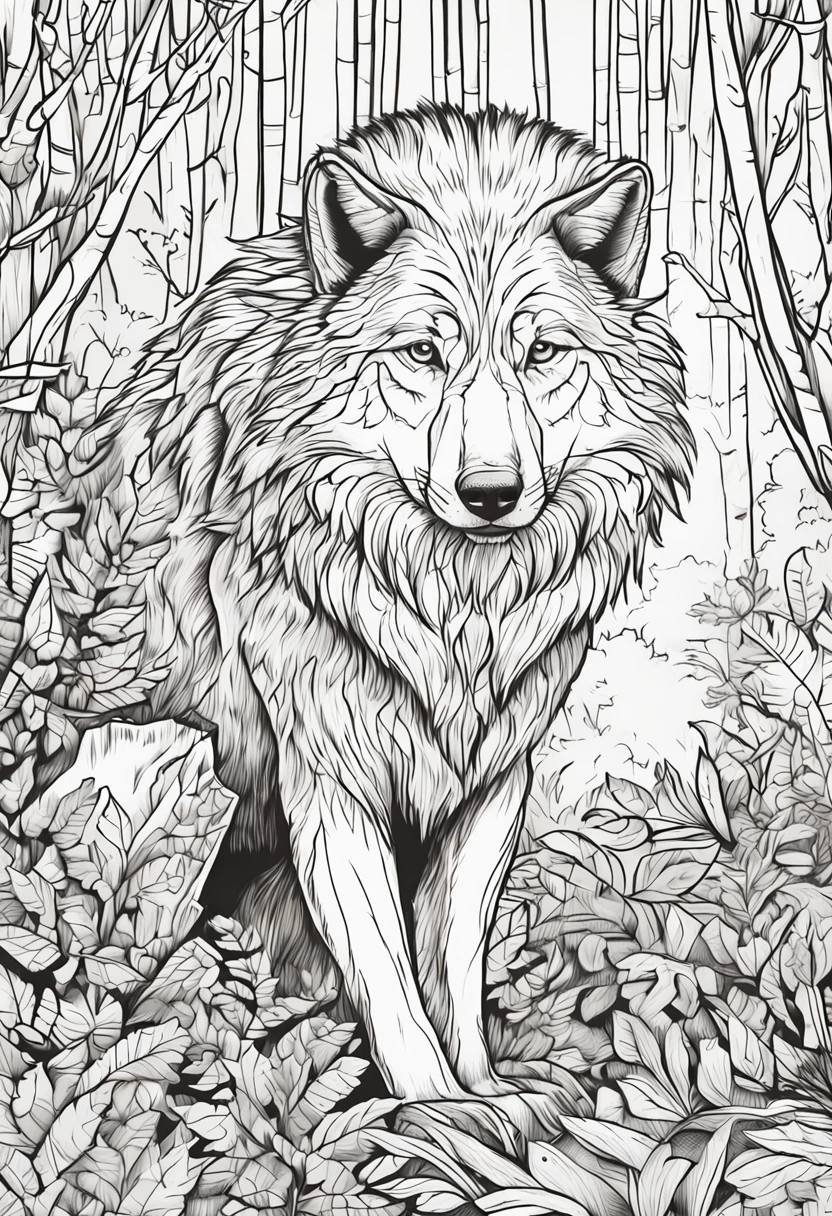 Livro para colorir de um lobo na floresta,childish traits,linhas grossas,sem cor,fundo branco,dashes only