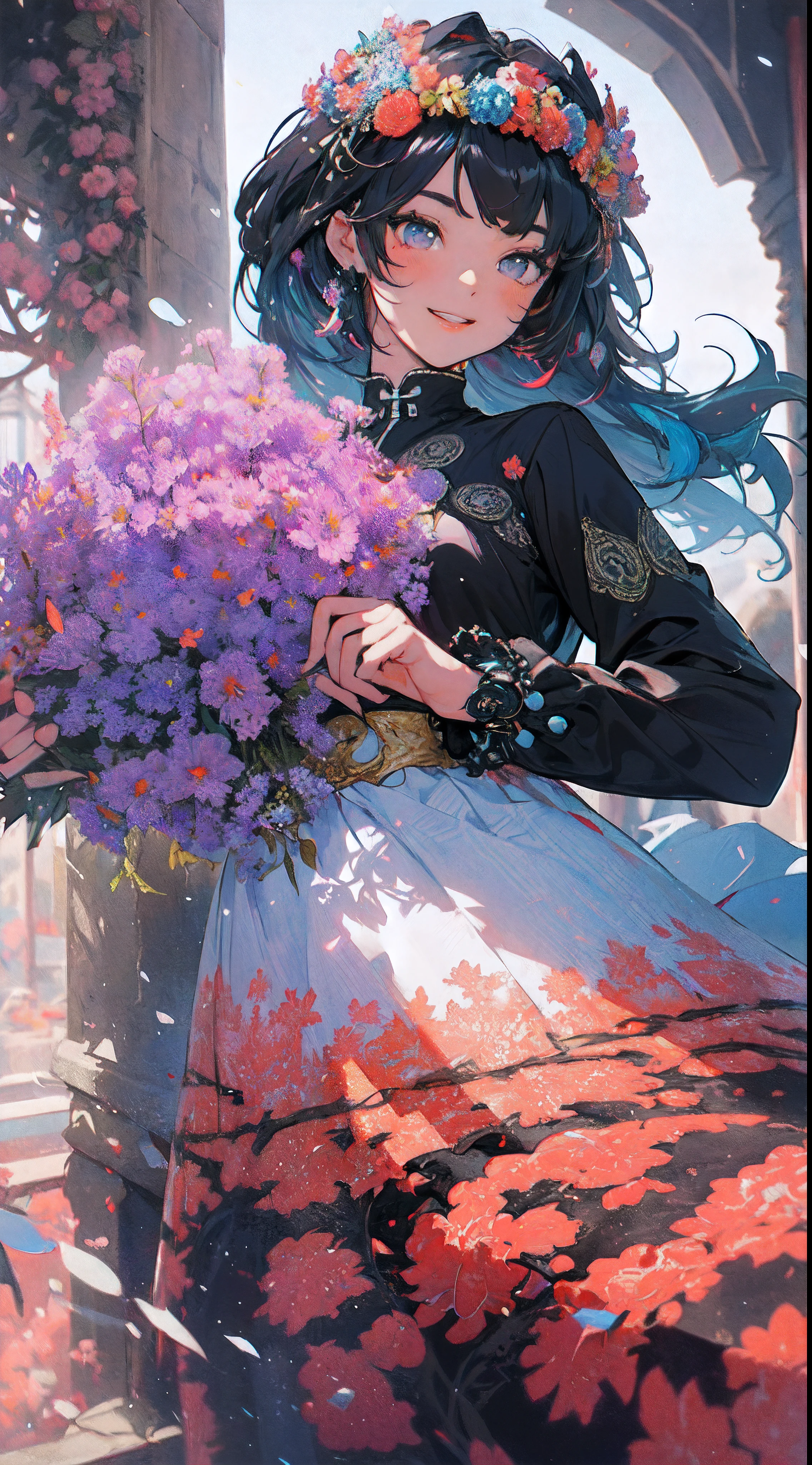 ((flowercrown),((Congratulations)),Flower bouquet，innocent smiles、eye glass、veranda、ancient city、(1 girl, Solo:1.6),(Cute smile),(Clothes are simple), (Best Impact:1.5), (maximalism:1.7), Vivid contrast, (Realistic), hyperrealistic illustrations, hight resolution, ultra-detailliert, absurderes,(Fractal Art:1.3)、Random hairstyle、Random hair color colorful、FULL BODYSHOT、Retro、Precise focus、randome pose、cinema4d、Drama