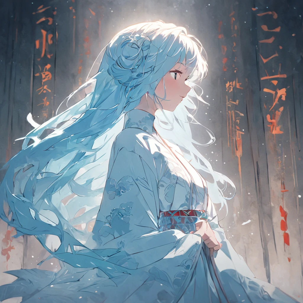 (White background:1.4),(Silhouette of a girl's head, Eyes closed, Long light blue hair, Oriental elements)，White dress roadshoulder design，(Chinese illustration:1.3，paper art:1.3, Quilted paper art:1.2),( reasonable design, Clear lines, High sharpness,Best quality, Very detailed, Masterpiece, movie light effect, 4K )