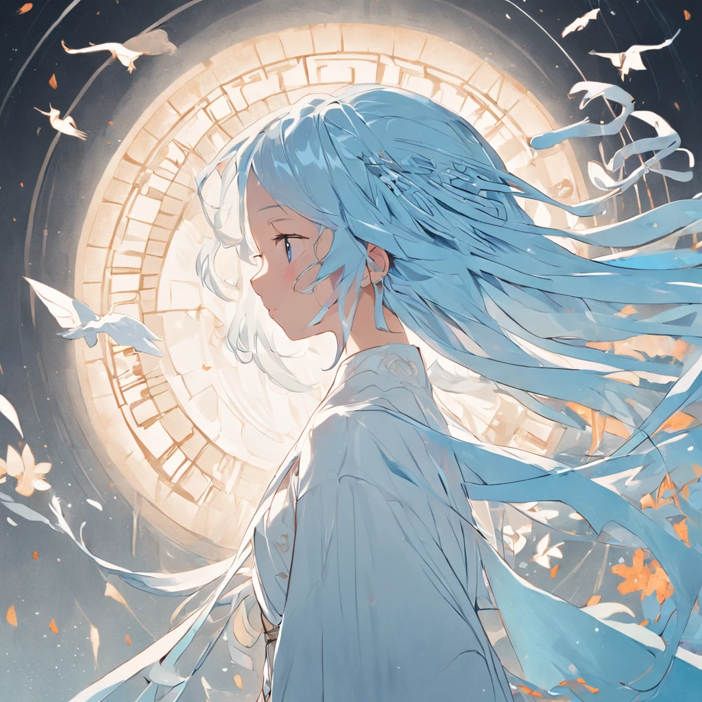 (White background:1.4),(Silhouette of a girl's head, Eyes closed, Long light blue hair, Oriental elements)，White dress roadshoulder design，(Chinese illustration:1.3，paper art:1.3, Quilted paper art:1.2),( reasonable design, Clear lines, High sharpness,Best quality, Very detailed, Masterpiece, movie light effect, 4K )