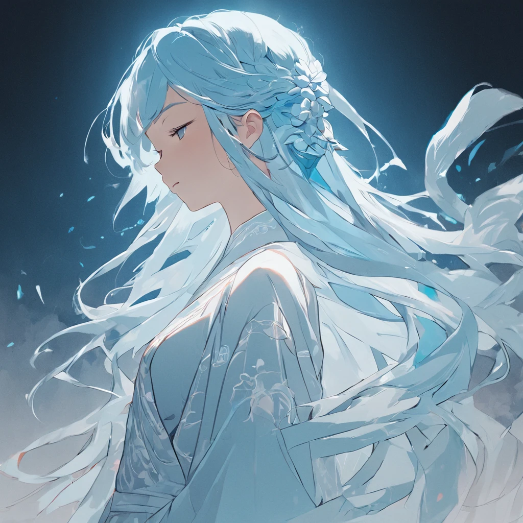 (White background:1.4),(Silhouette of a girl's head, Eyes closed, Long light blue hair, Oriental elements)，White dress roadshoulder design，(Chinese illustration:1.3，paper art:1.3, Quilted paper art:1.2),( reasonable design, Clear lines, High sharpness,Best quality, Very detailed, Masterpiece, movie light effect, 4K )