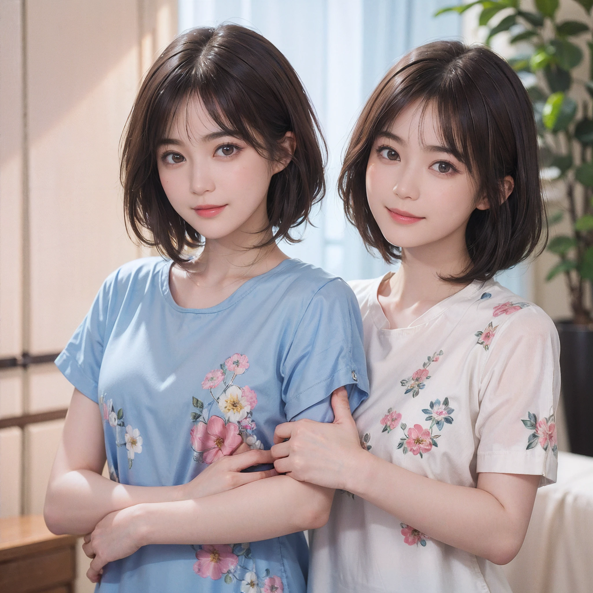 (Masterpiece)、(Photorealsitic、Raw photography、top-quality: 1.4)、(1womanl)、((Floral - T-shirt))、Alphabet design、beautiful expression、((A slight smil))、(A dark-haired、short-hair:1.3)、Beautiful hairstyle、realisticeyes、Beautiful details、(real looking skin)、Beautiful skins、enticing、超A high resolution、A hyper-realistic、high-detail、the golden ratio