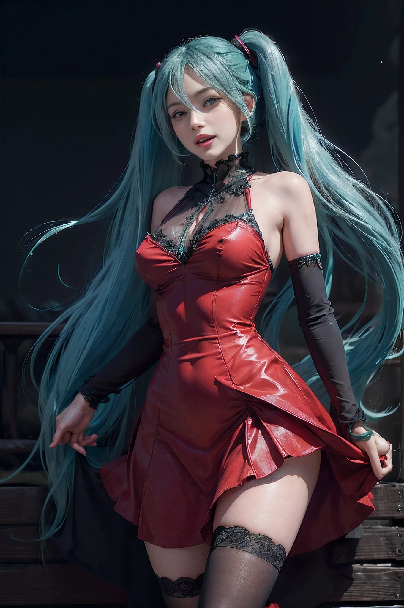 (((hatsune miku charakter))), (((tosca hair color))), ((long twin tail hair with pony)), looking at the view, eyes on the view, smile (big smile), (open mouth), (((full body photo))), 21 years old girl, perfect body, perfect anatomy, tosca eye color, double eyelids, huge breasts, Highly detailed skin texture, (Realistic skin), Ultra-Detailed Face, Detailed Lips, Detailed Eyes, Double Eyelids, nacklaces, wet skin, wet hair, (((simple background))), (front focus), (in the dark:1.6), deep dark, Hyperrealist portrait of female by david hockney and alphonse mucha, fantasy art, photo realistic, dynamic pose, hot model pose, dynamic lighting, artstation, poster, volumetric lighting, very detailed faces, 4 k, in the dark, deep shadow, low key, cowboy shot, (((red dress color))), lighting dress, erotic lace dress, suspender stockings, extremely detailed, milk liquid