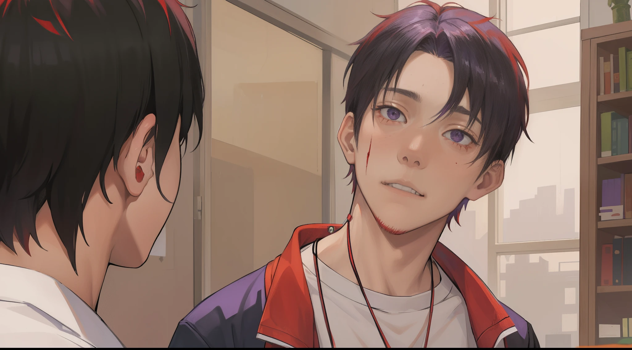 A 15-year-old red-haired boy has a bleeding wound in his abdomen , su amigo sela curara , purple skin, He's in the classroom telling his best friend a sad story.........