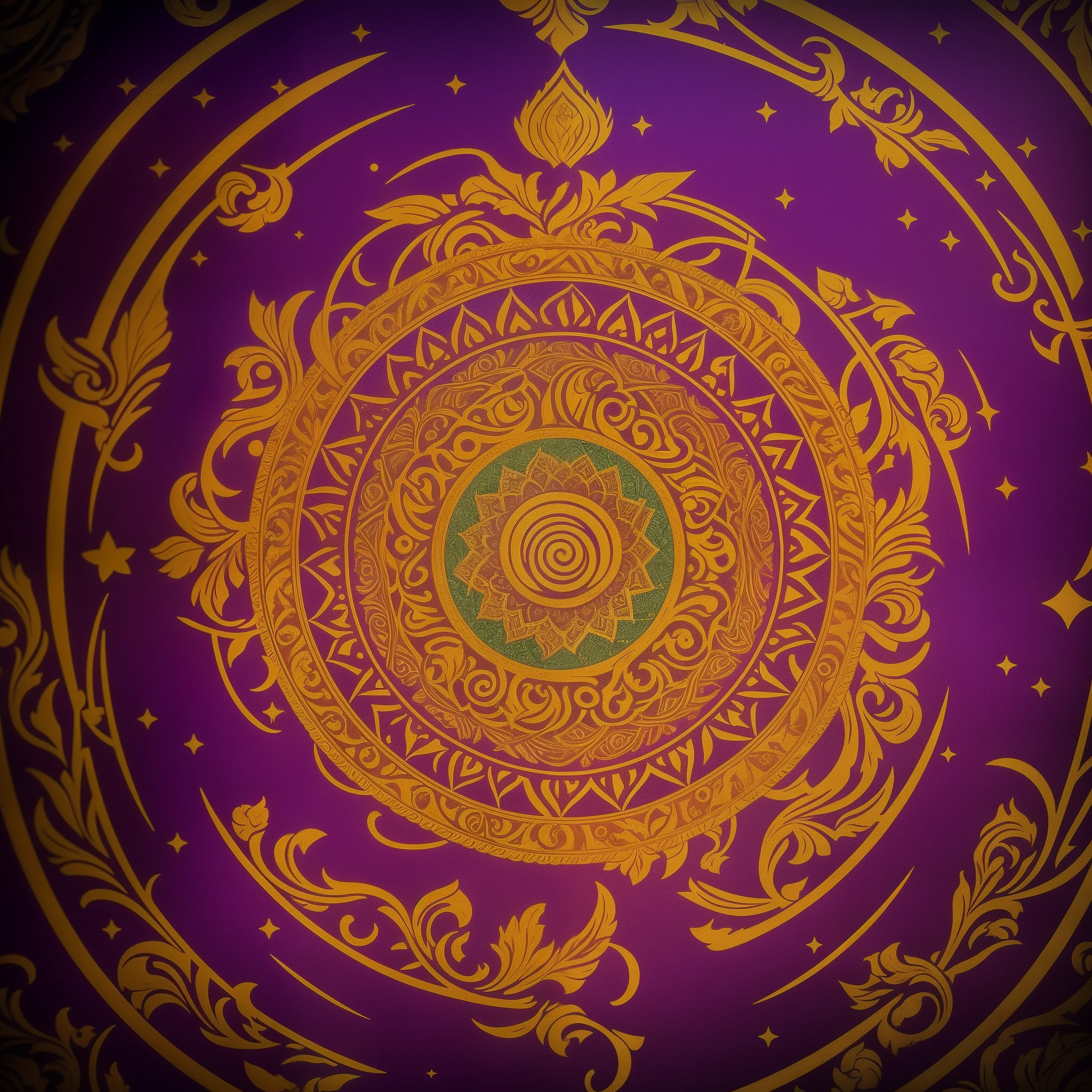a circular logo with a mystical mandala design. No centro da mandala, Imagine um olho estilizado, inspired by the Eye of Horus, olhando para o infinito. The mandala is surrounded by abstract patterns of stars, longo, and esoteric symbols. The predominant colors within the mandala are deep purple and emerald green, while the symbols and the eye are highlighted with details in ancient gold. Logo abaixo da mandala, Incorporar o nome "Mystical Saga" in a unique and stylized typography, conveying the rebellious and mystical environment of the profile. Cores a serem usadas: roxo profundo (#6B3E99) verde esmeralda (#2CEC71) Ouro Antigo (#C39E00). O logotipo deve ser impactante, Representante, and create an immediate connection with the spiritual and mystical themes covered in the profile.