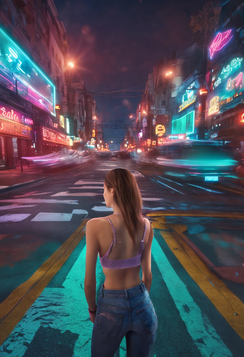 "Image Quality: 8K (Best Quality Scale: 1.2),A conon camera on her neck ,Artistic Style: Realistic, Photorealistic Factor: 1.37, Clarity: Ultra High Definition, Subject: Teenage Girl (16 yrs old) back, blue long hair, neon color, Pleasant Smile, Teen mini skirt