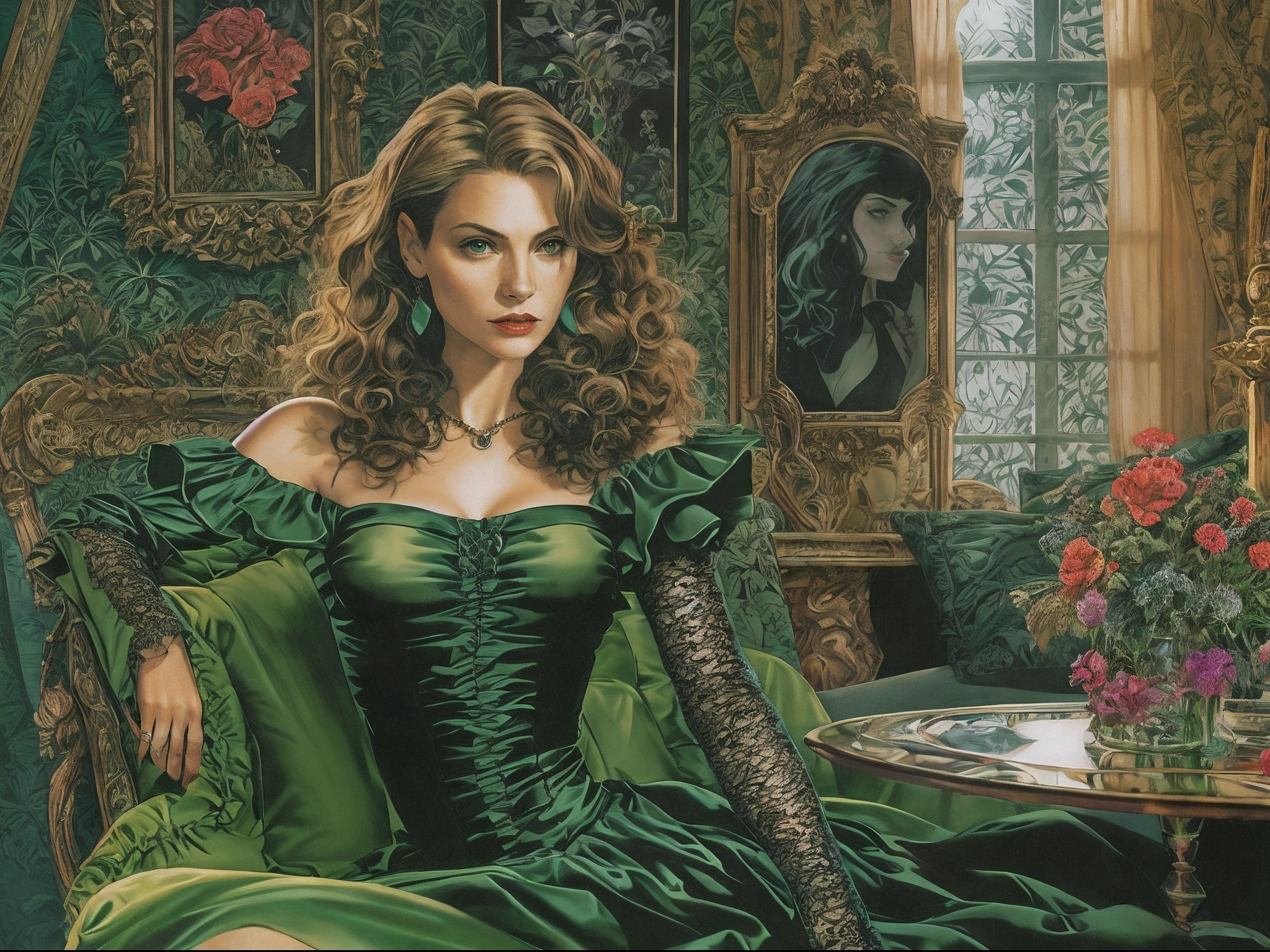 Tzindi Dexter wears a black evening gown, (masterpiece:1.3), best quality, official art, magazine cover, ultra detailed, 1girl Claire Forlani merged with Claire Danes, 1990s \(style\) like Vampire Hunter D, elegant dress, gothic living room, sitting on sofa, long hair, curly hair, green hair, green eyes, jewelry, art by [Aaron Horkey|Lisa Frank],