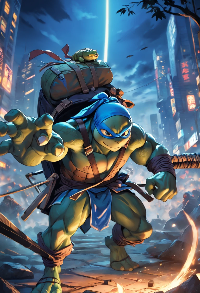 a highly detailed Leonardo illustration of the Teenage Mutant Ninja Turtles, in a combat position, faixa azul, qualidade excepcional, dinamic pose, mischievous expression, Night scenery , lighting dramatic, estilo de desenho hiper-realista.
