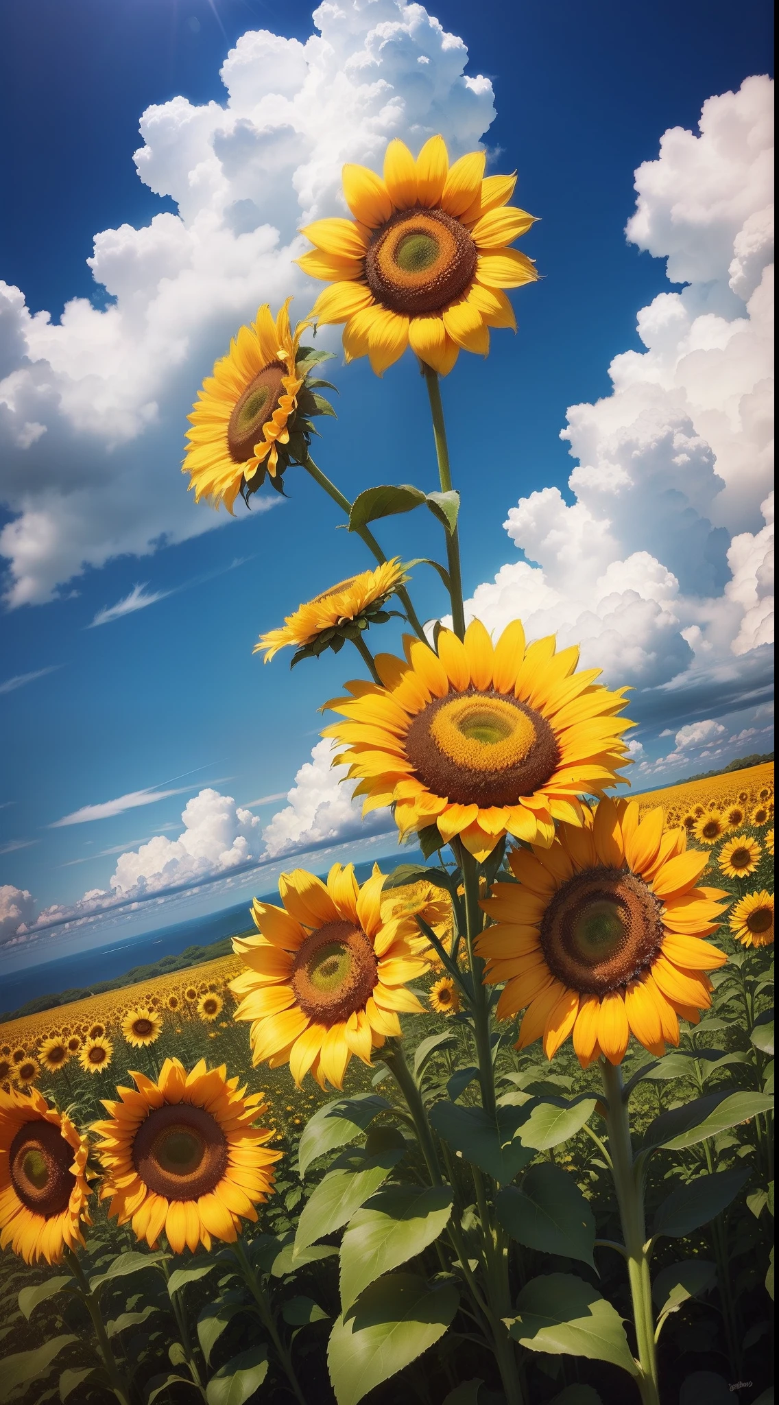 himawari、helianthus flowers、blue-sky、8K、top-quality