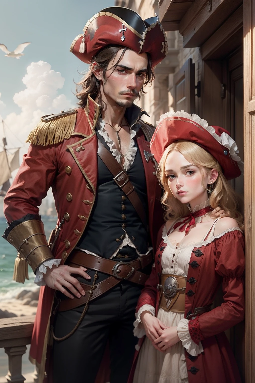 Group of eighteenth-century French pirates wearing scarlet